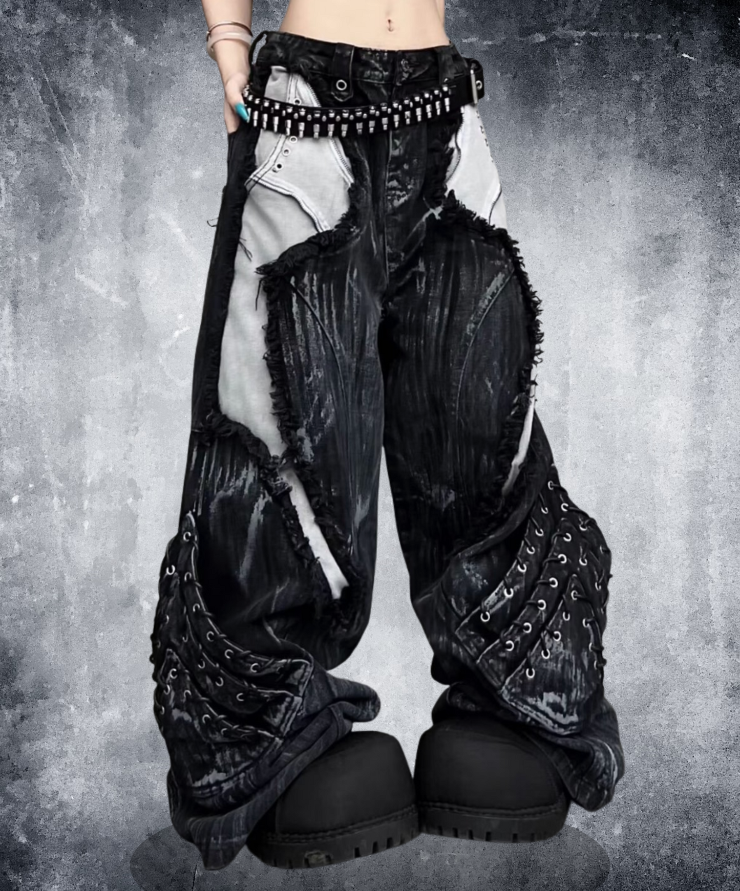 high damage lace up wide pants EN2628