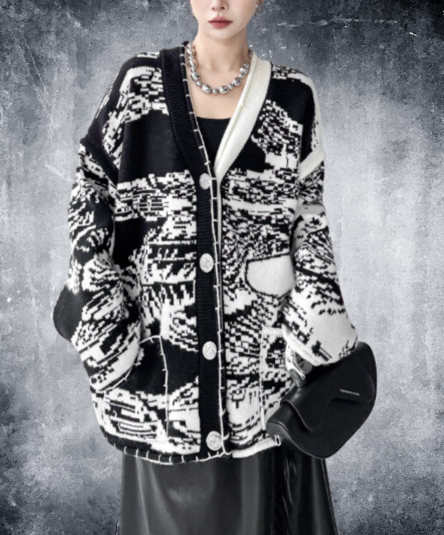 oversized design with spliced paneling cardigan EN3156