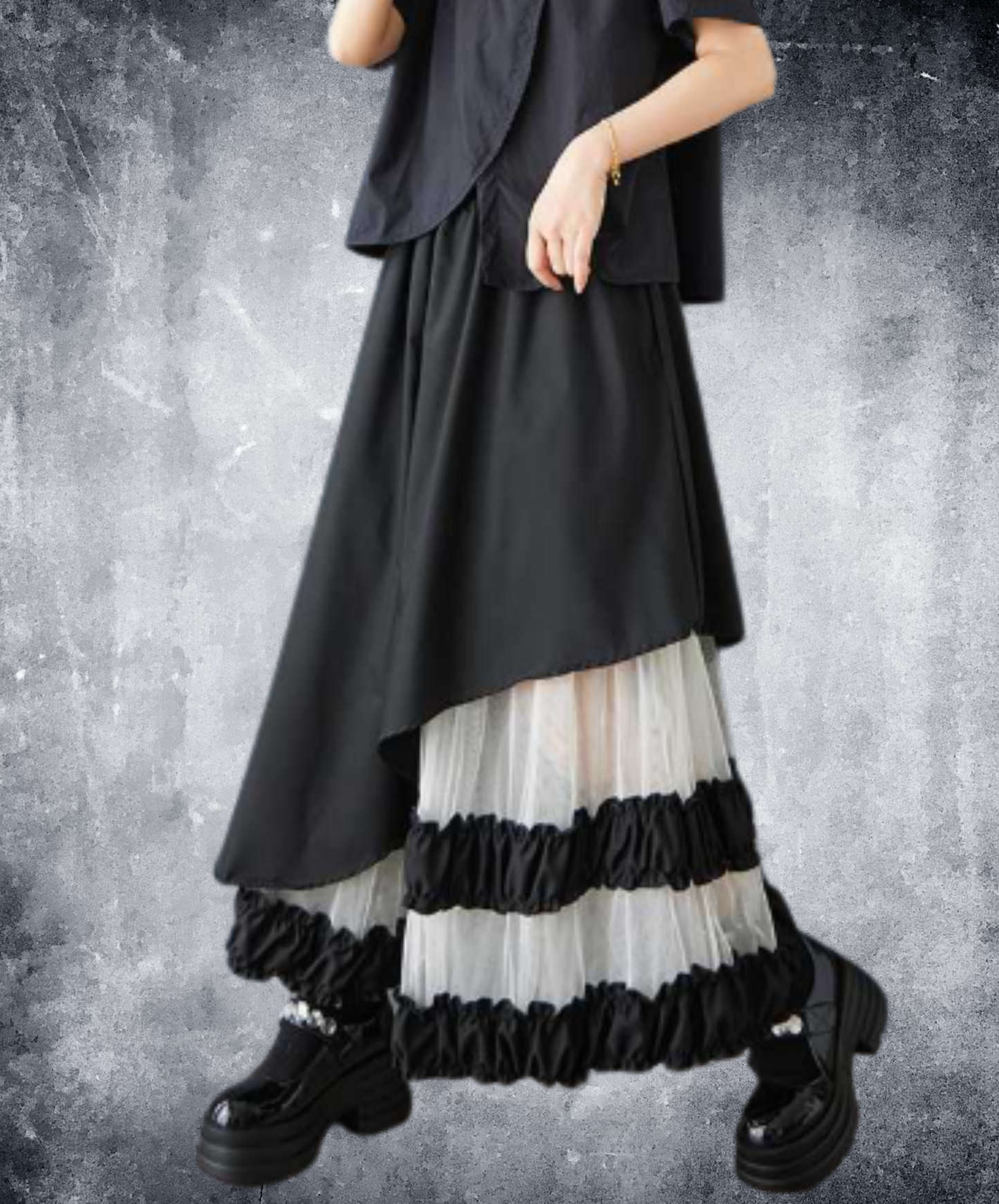 asymmetric style combining tulle and ruffles skirt EN3058