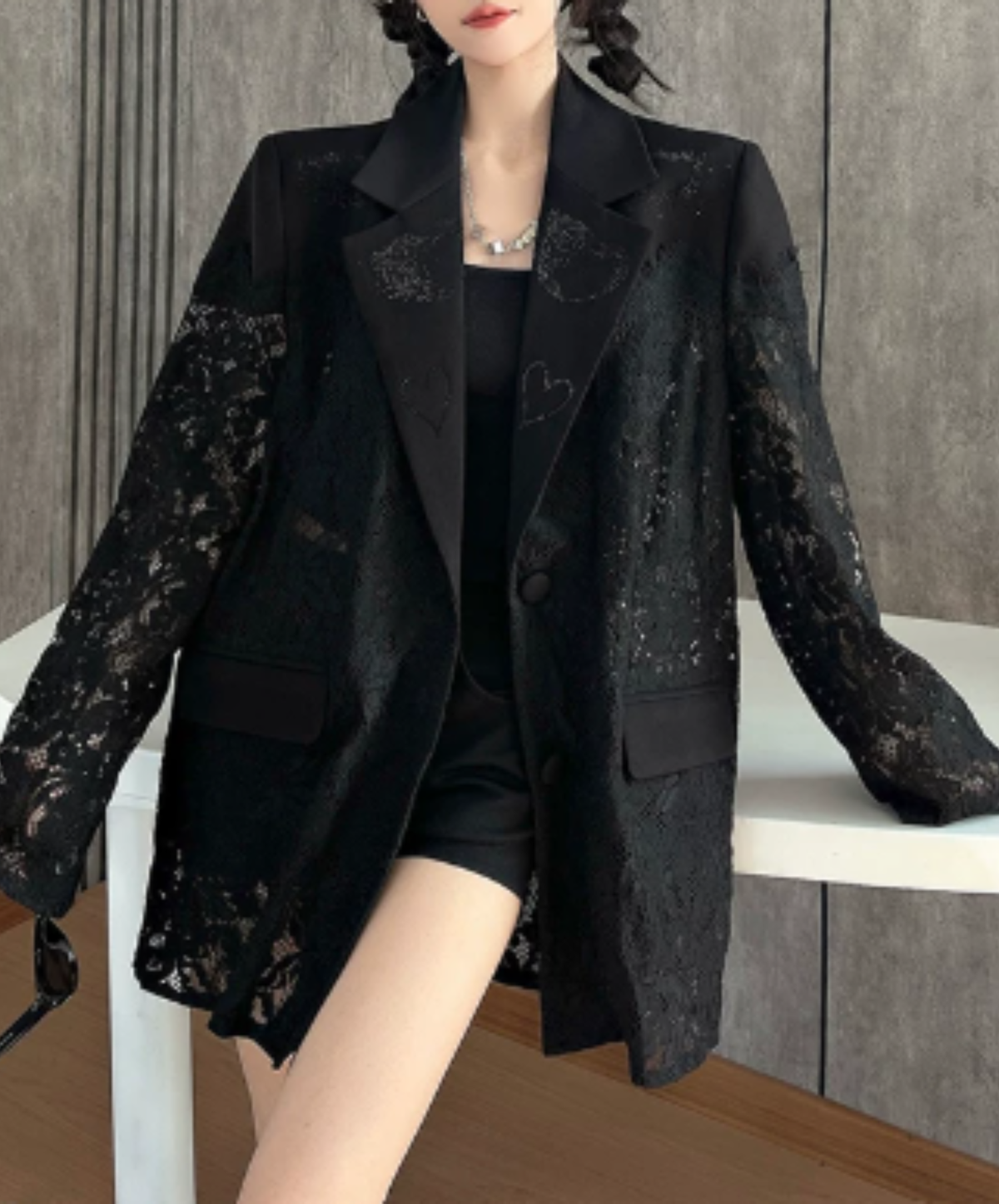 dark lace-panelled openwork design jacket EN3139