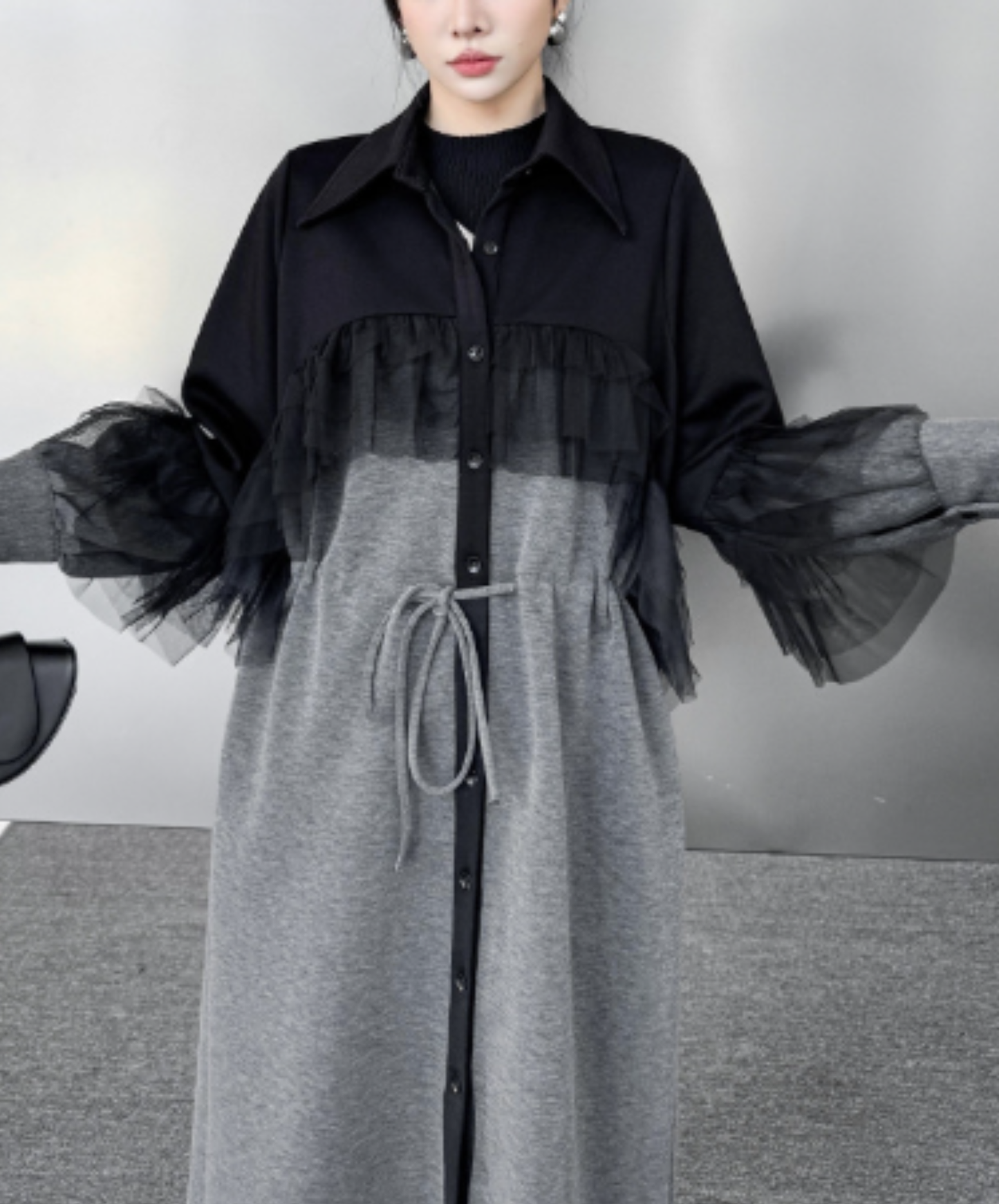tulle patchwork and shibori detailing long shirt EN3133