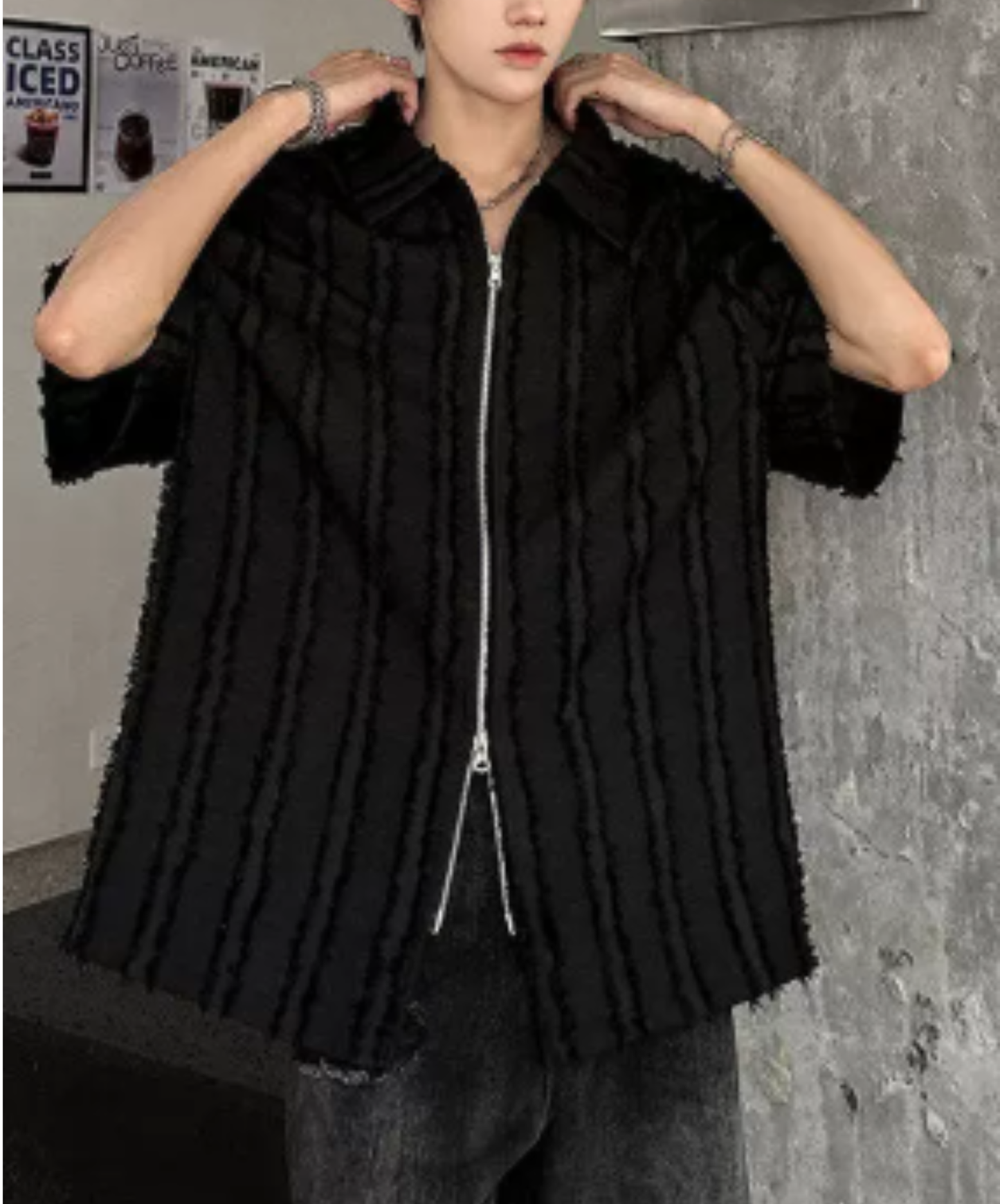 frayed design double zipper shirt EN2976