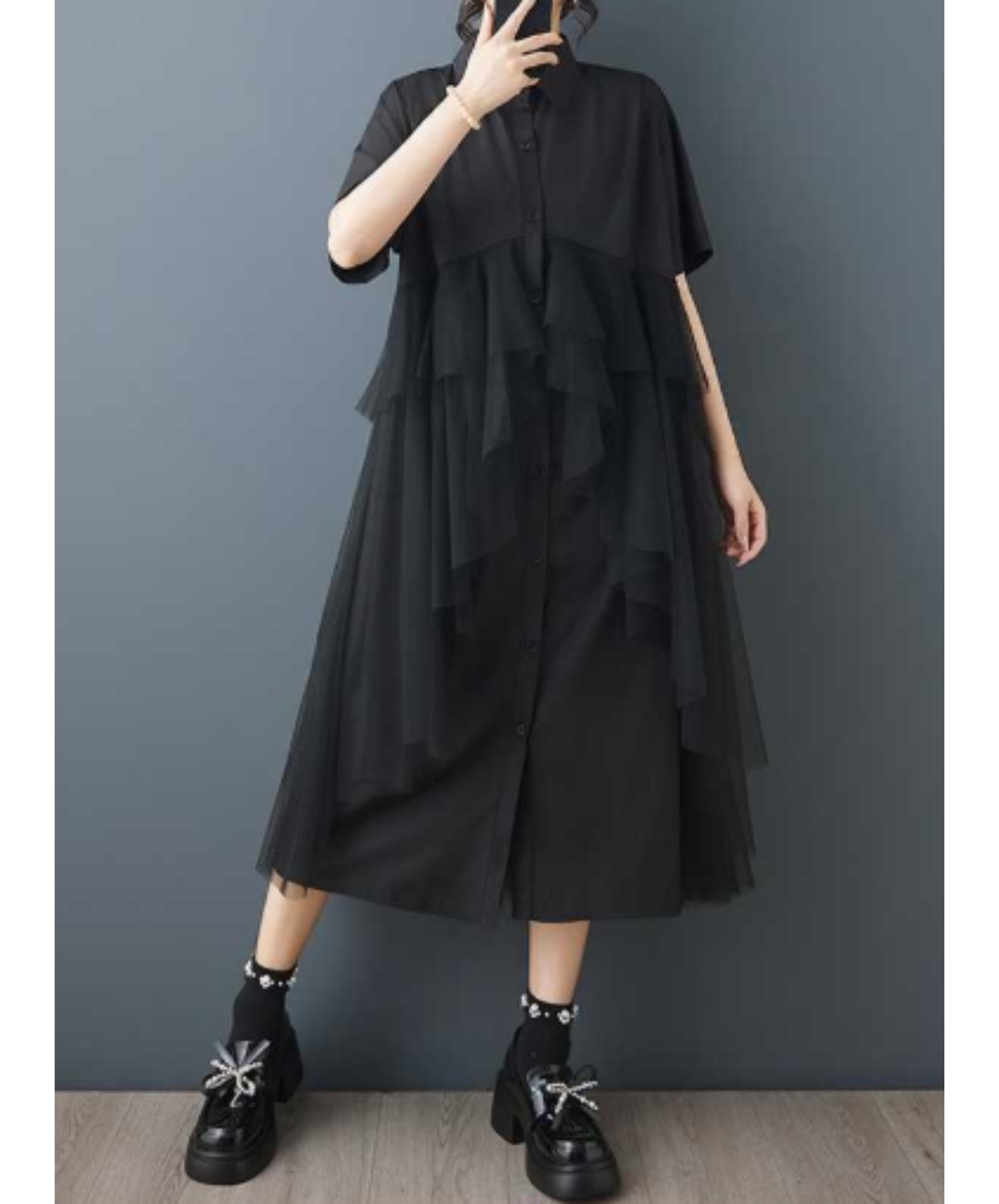 dark mesh patchwork long shirt EN3054