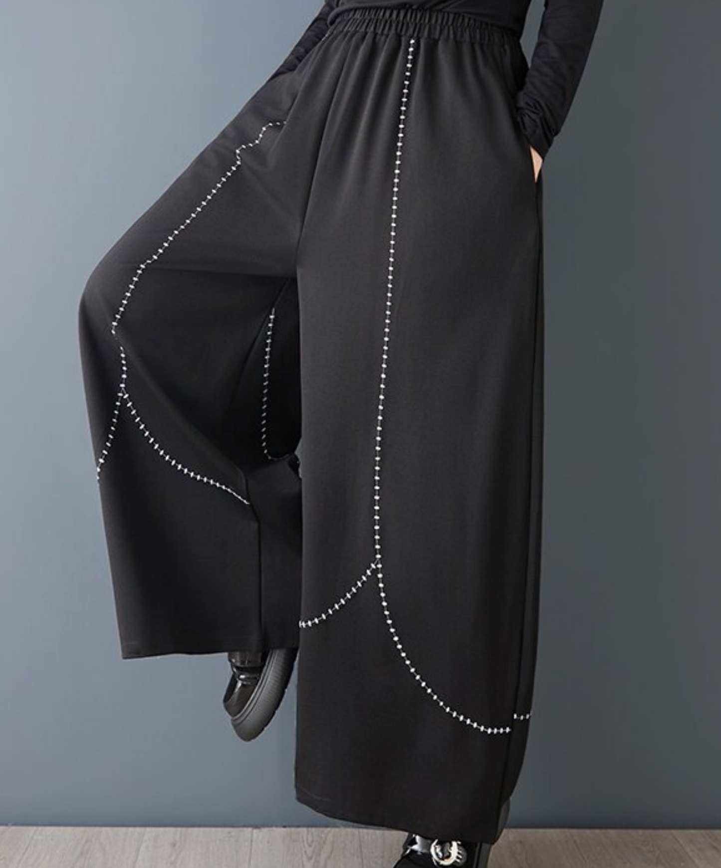 dark embroidery color block wide pants EN2728