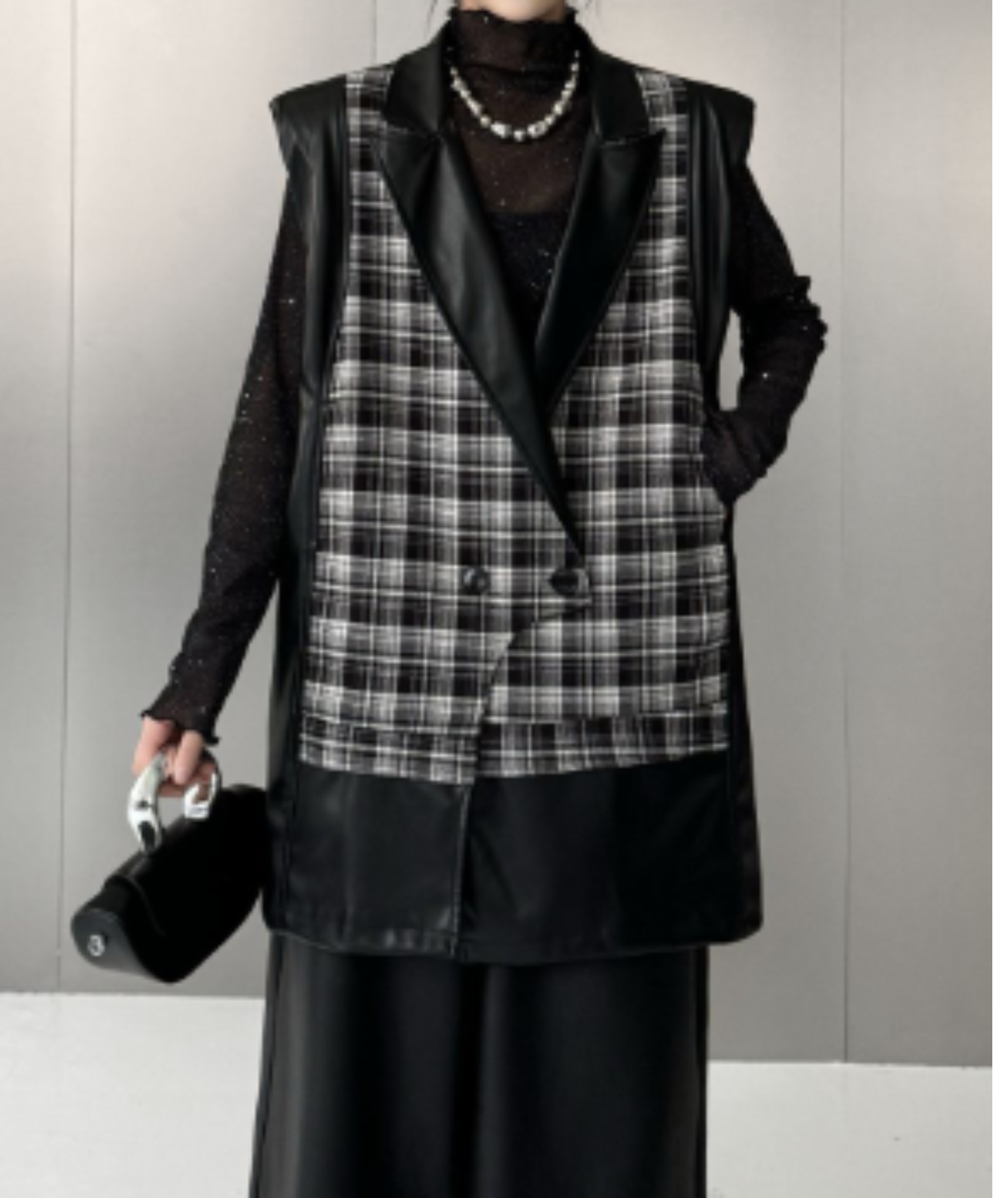 checkered pu leather patchwork vest EN2982