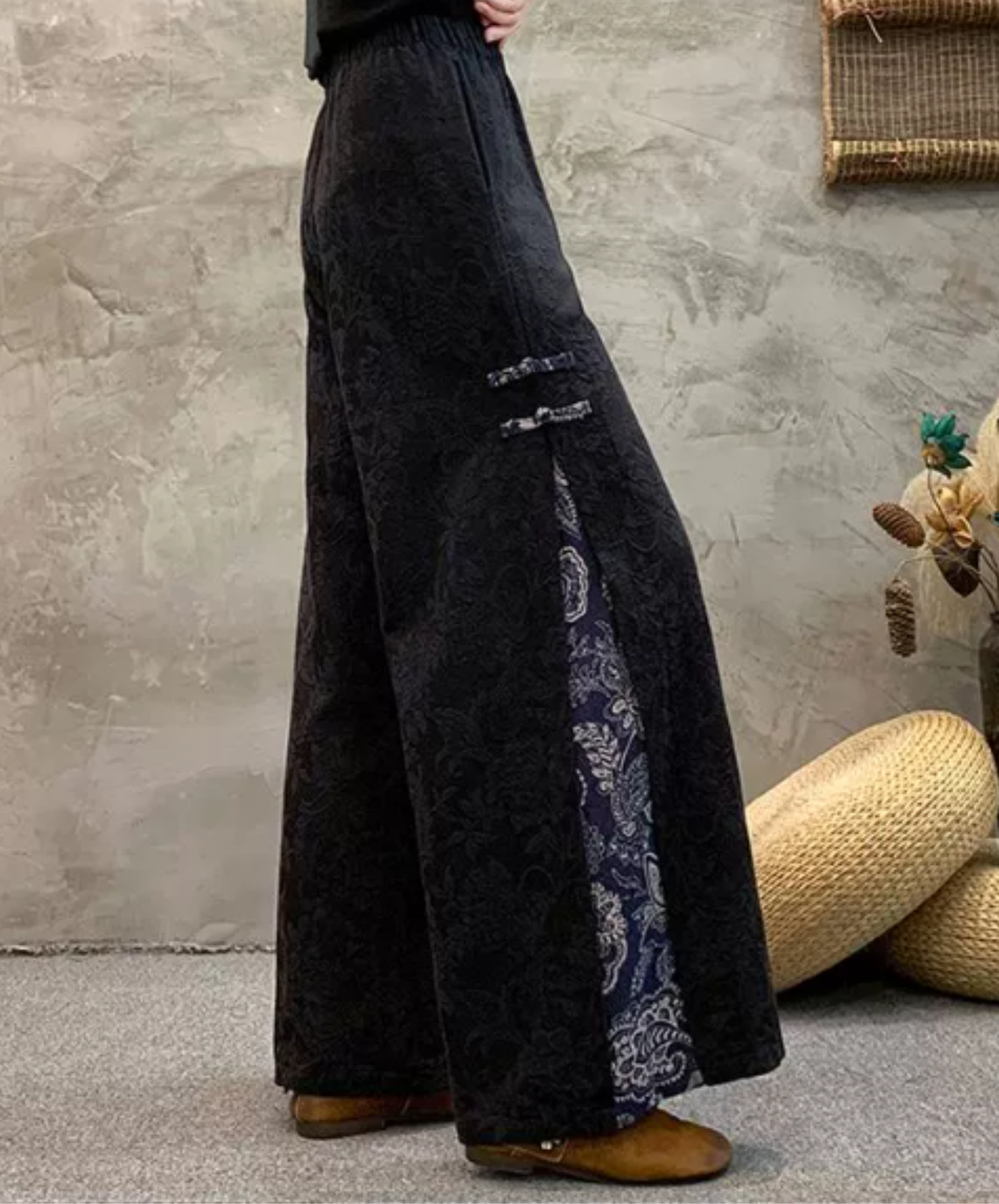 ethnic-style embroidered jacquard wide pants EN2887
