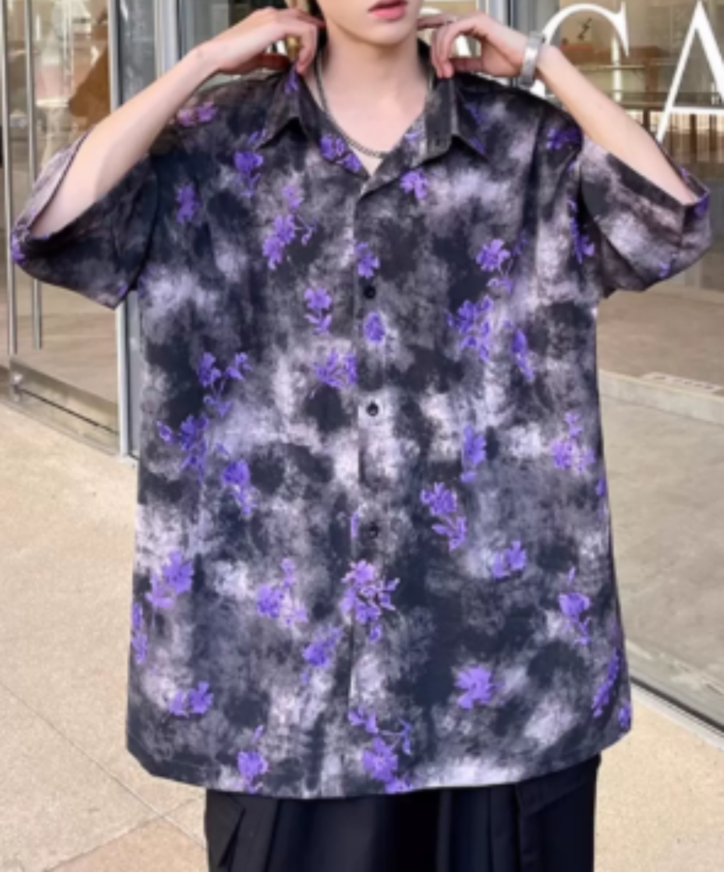 hawaiian-style print with purple flowers shirt EN2997