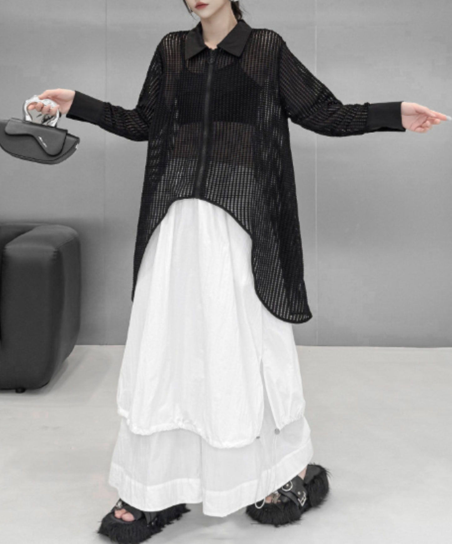 dark Irregular design ring fastener sheer shirt EN2967