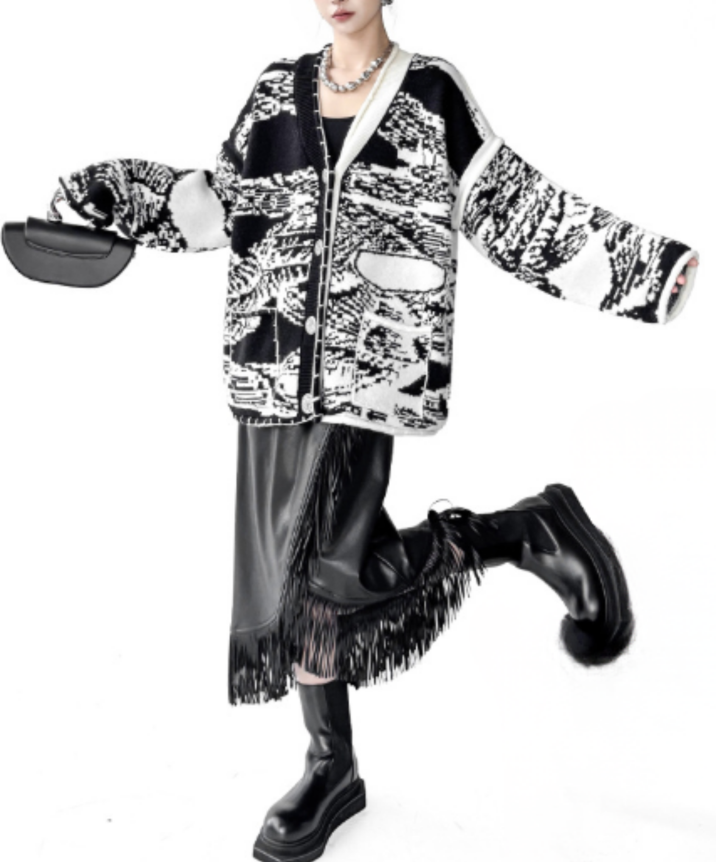 oversized design with spliced paneling cardigan EN3156