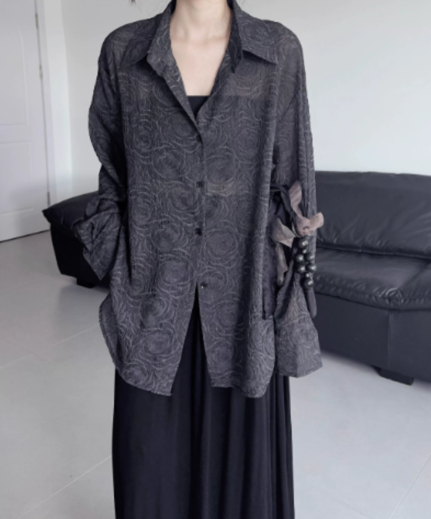 retro rose jacquard sheer shirt EN3013