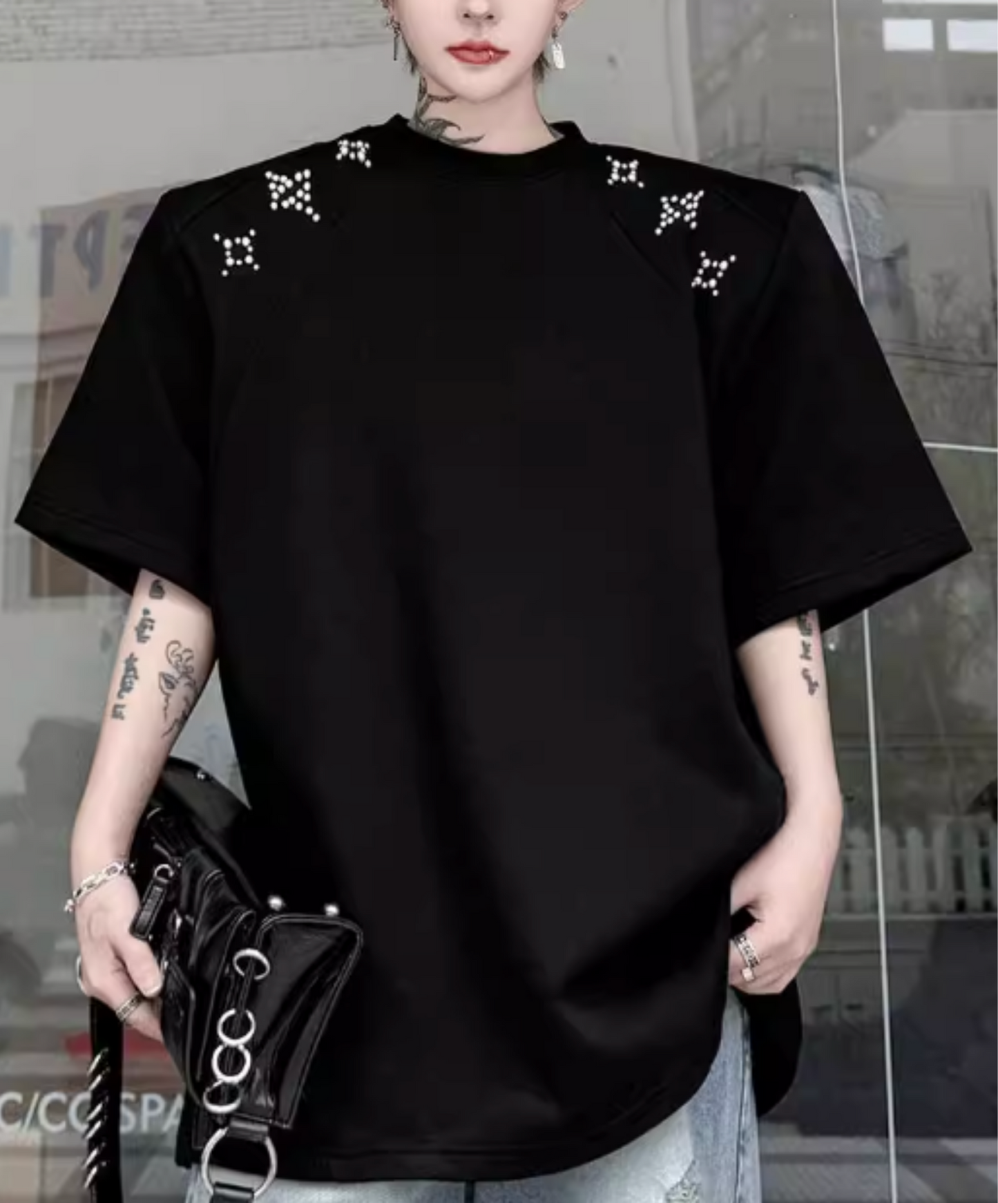 sparkling star motif bead decoration t-shirt EN2827