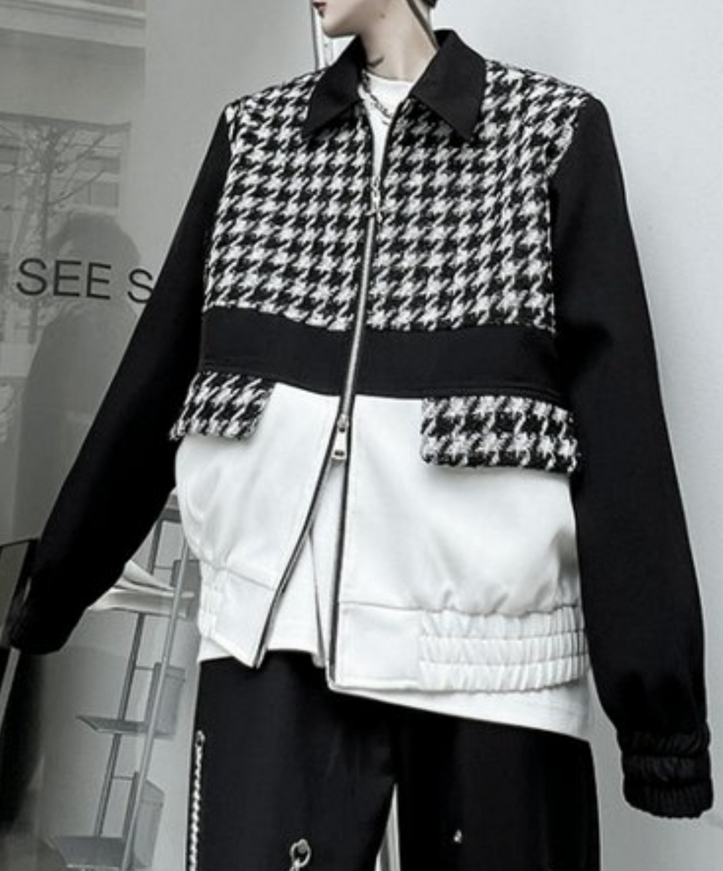 mixed materials houndstooth double zip jacket EN1917