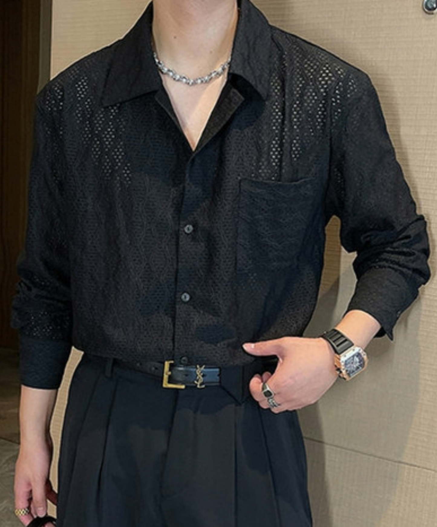 diamond pattern sheer shirt EN2368