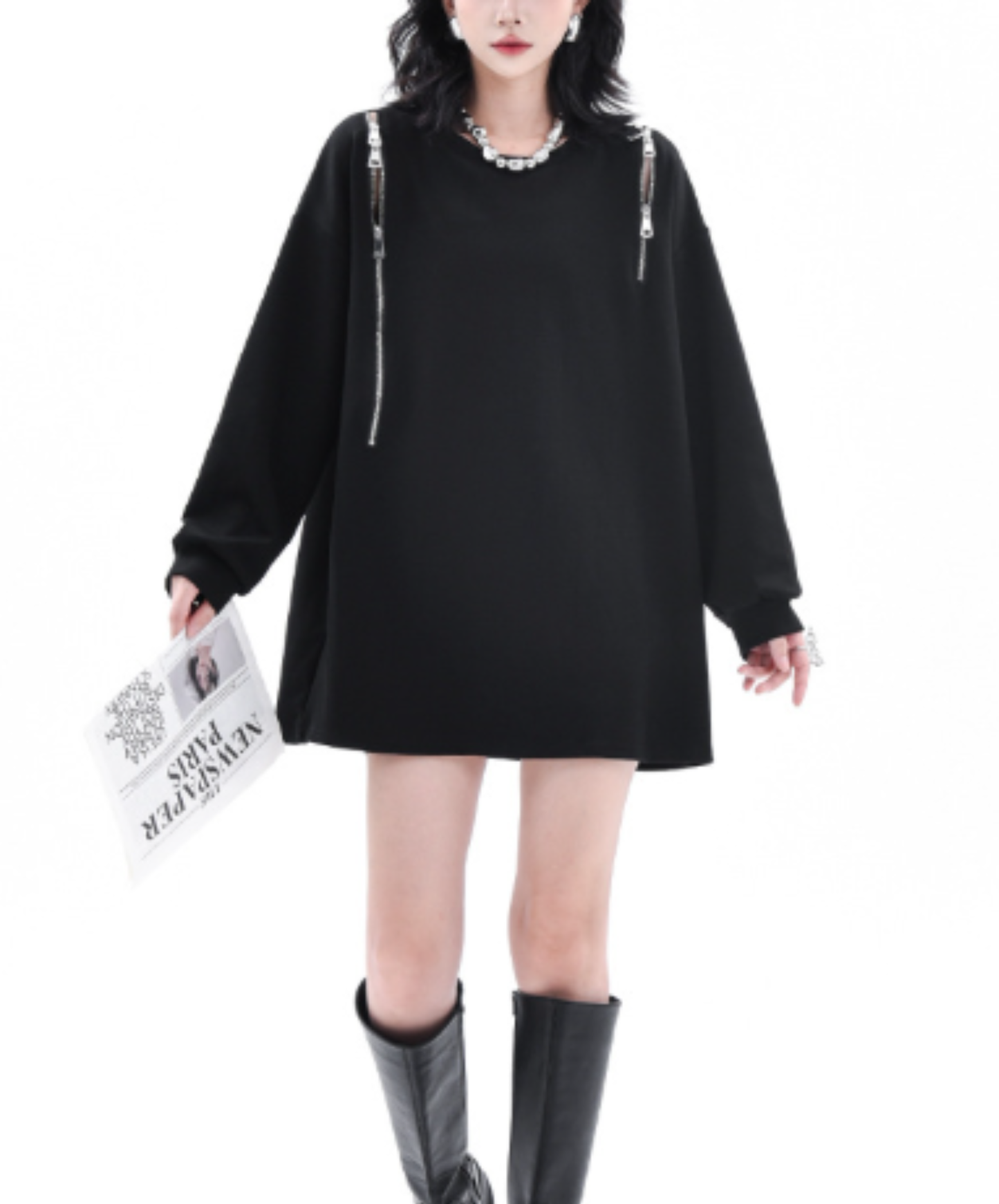chain-pattern patchwork mid-length style sweatshirt EN3132