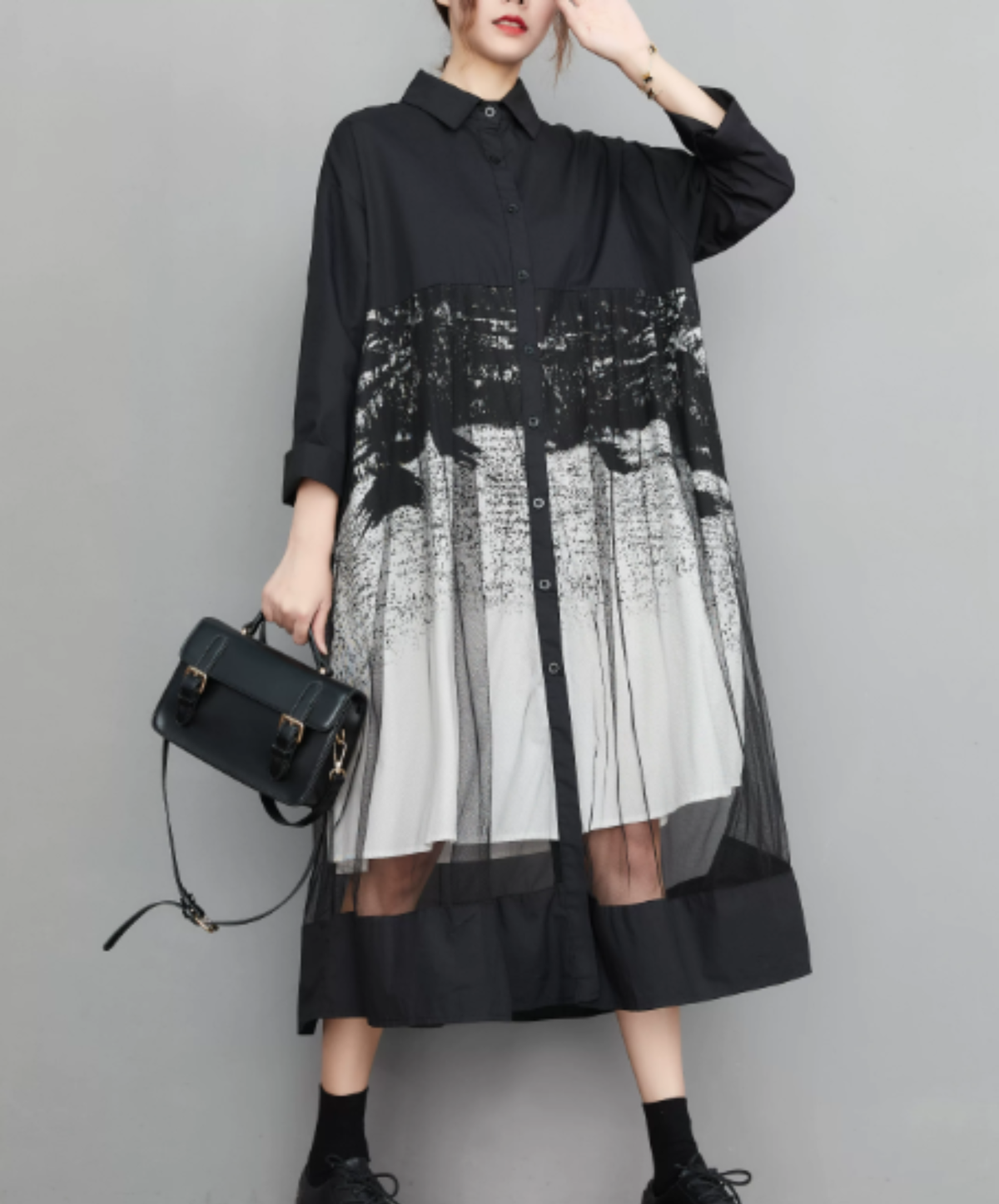 dynamic sheer switching flare long shirt EN3187