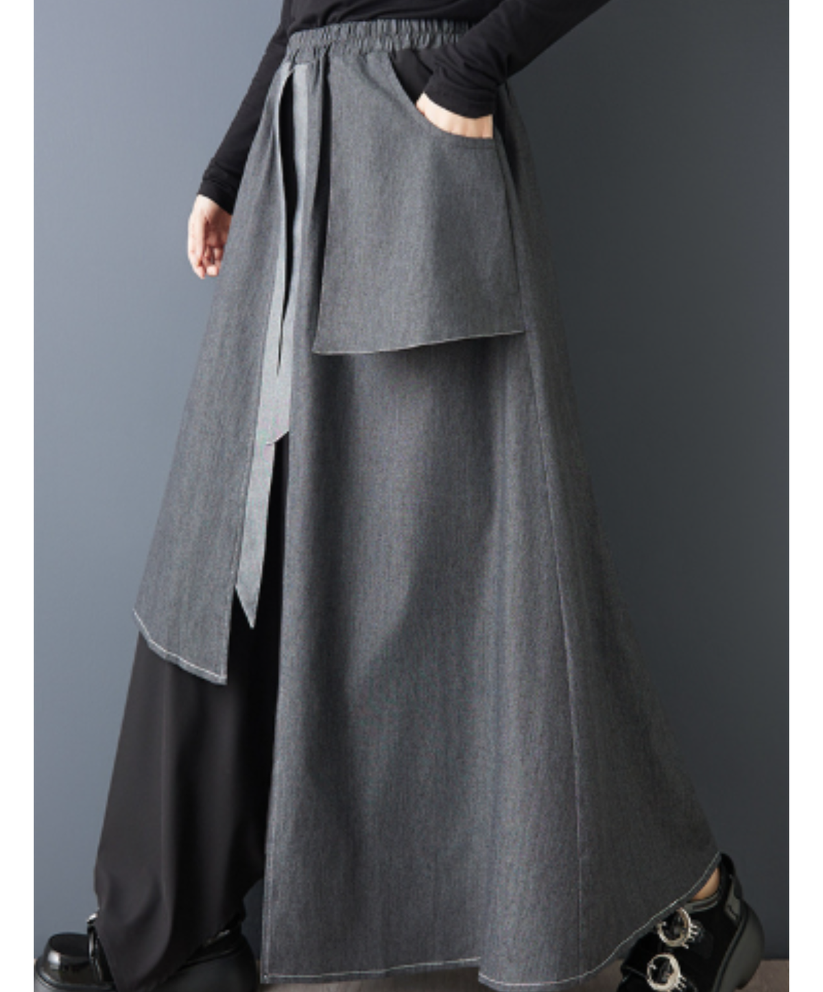 dark asymmetrical layered drape wide pants EN3146