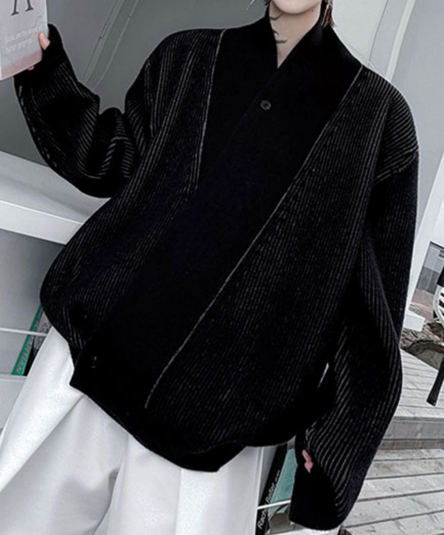 plain x striped knit cardigan EN2531