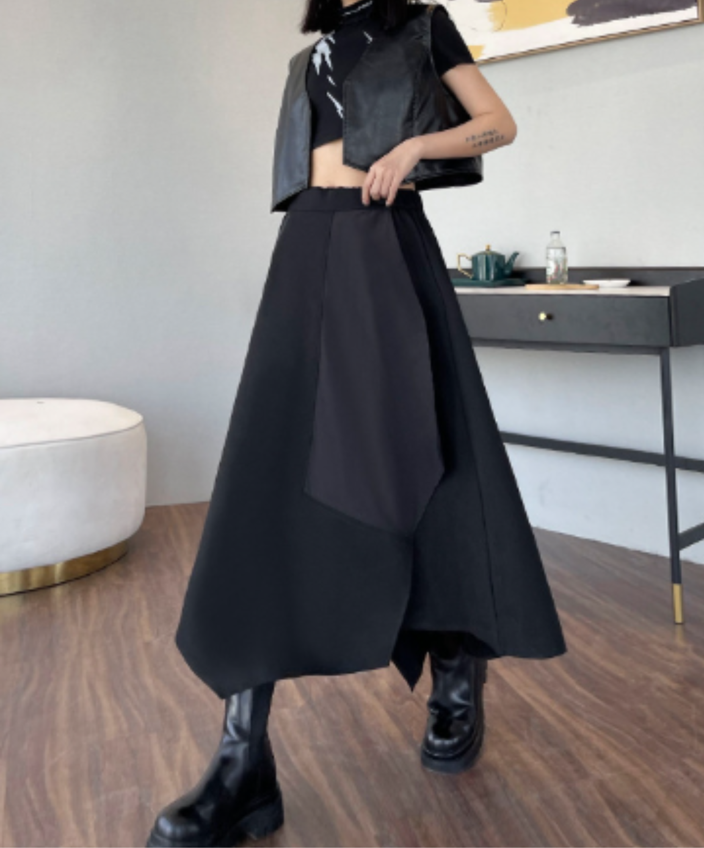 dark asymmetrical layered-look zip-line skirt EN3169