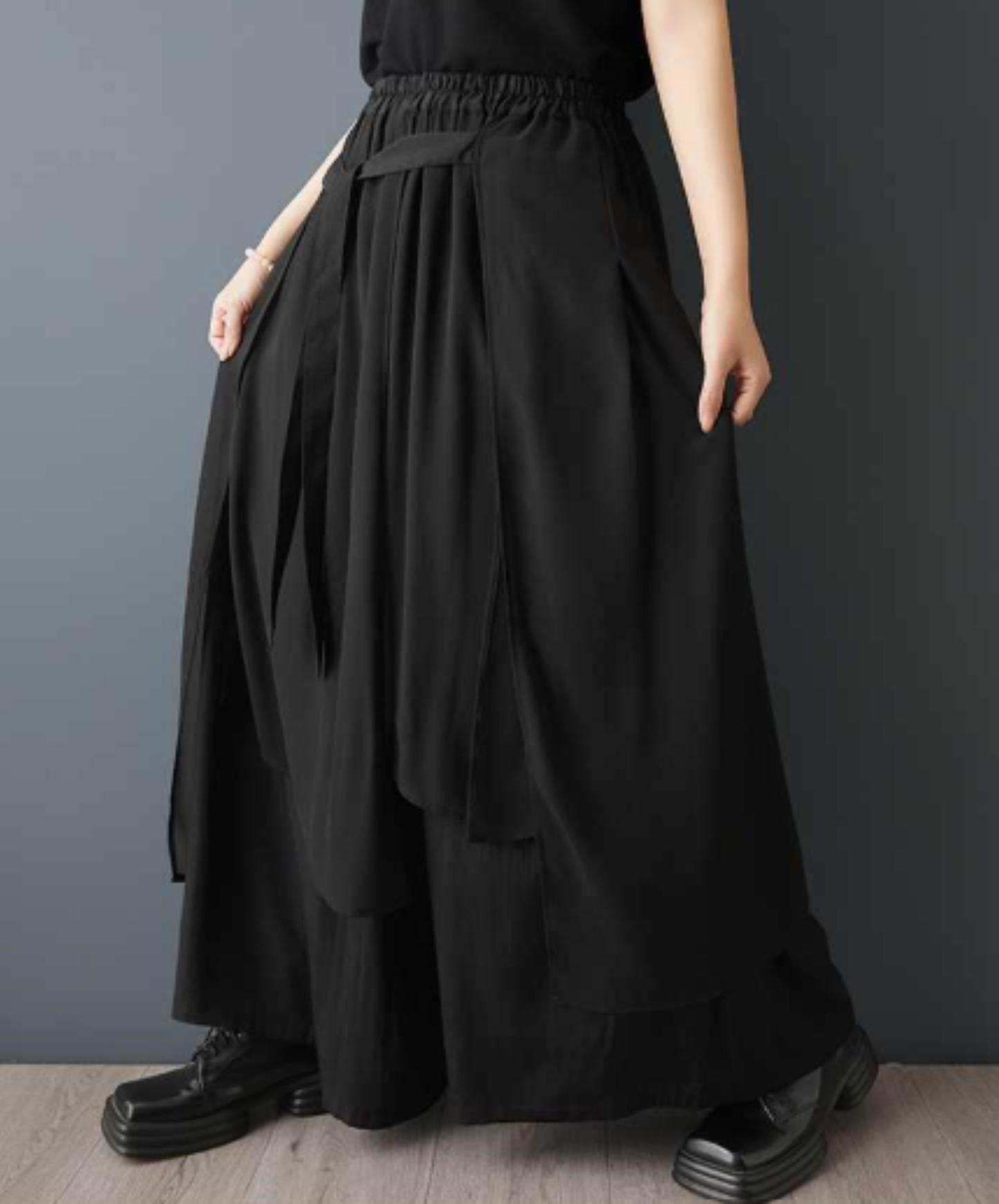 dark asymmetrical chiffon patchwork wide pants EN3062