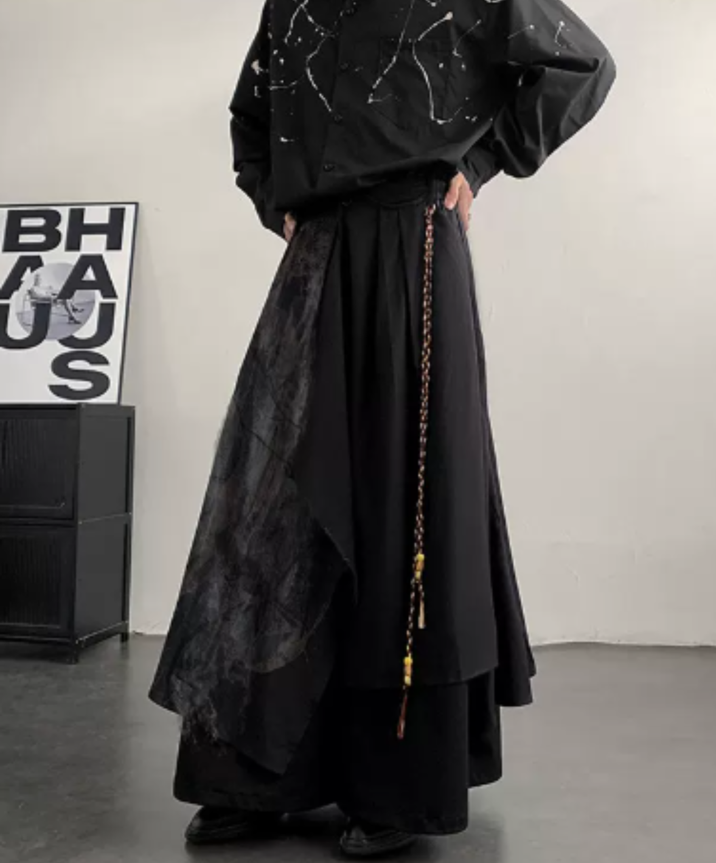 dark irregular faux two-piece wide pants EN3026
