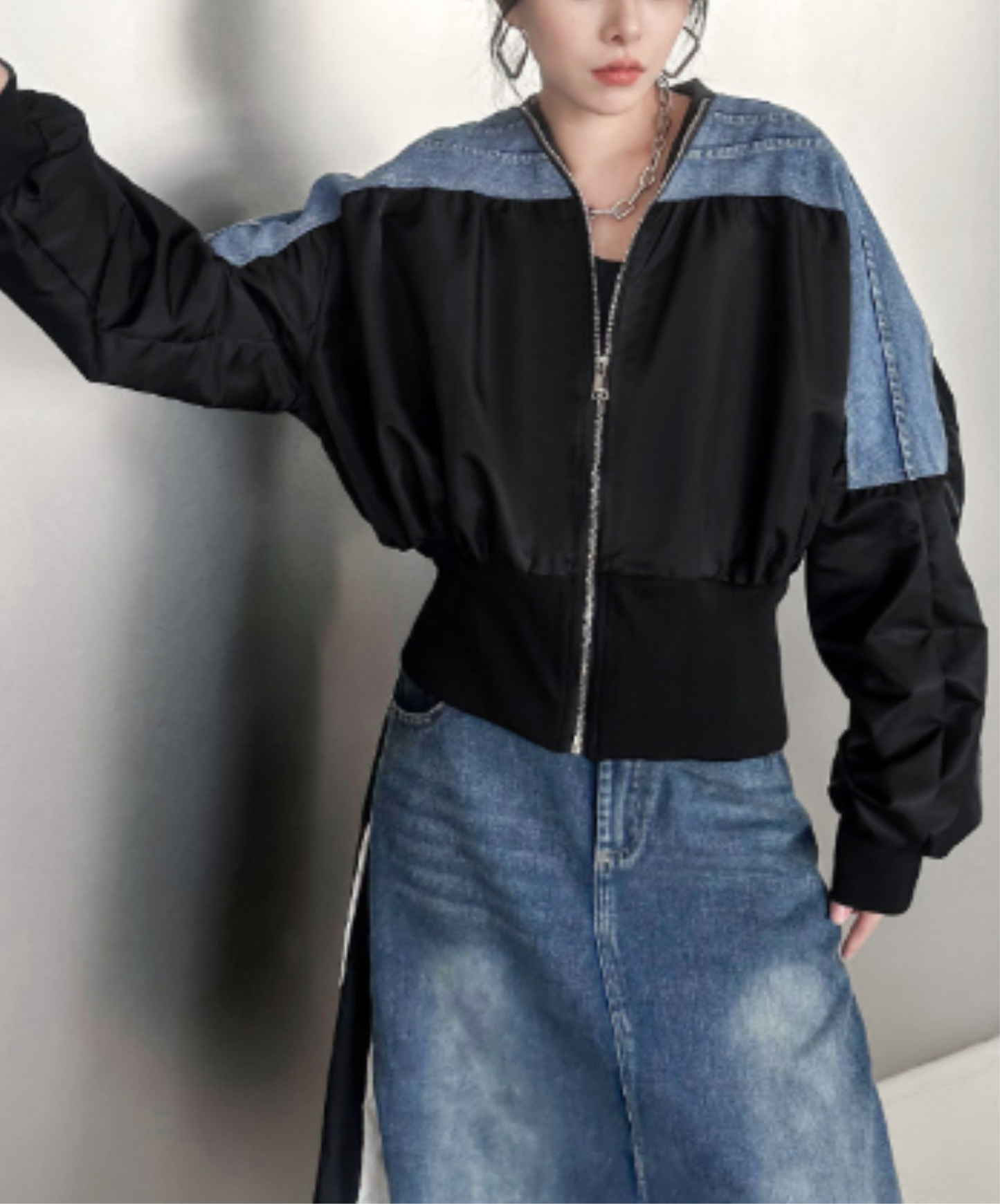 cropped denim patchwork style zipper jacket EN3112