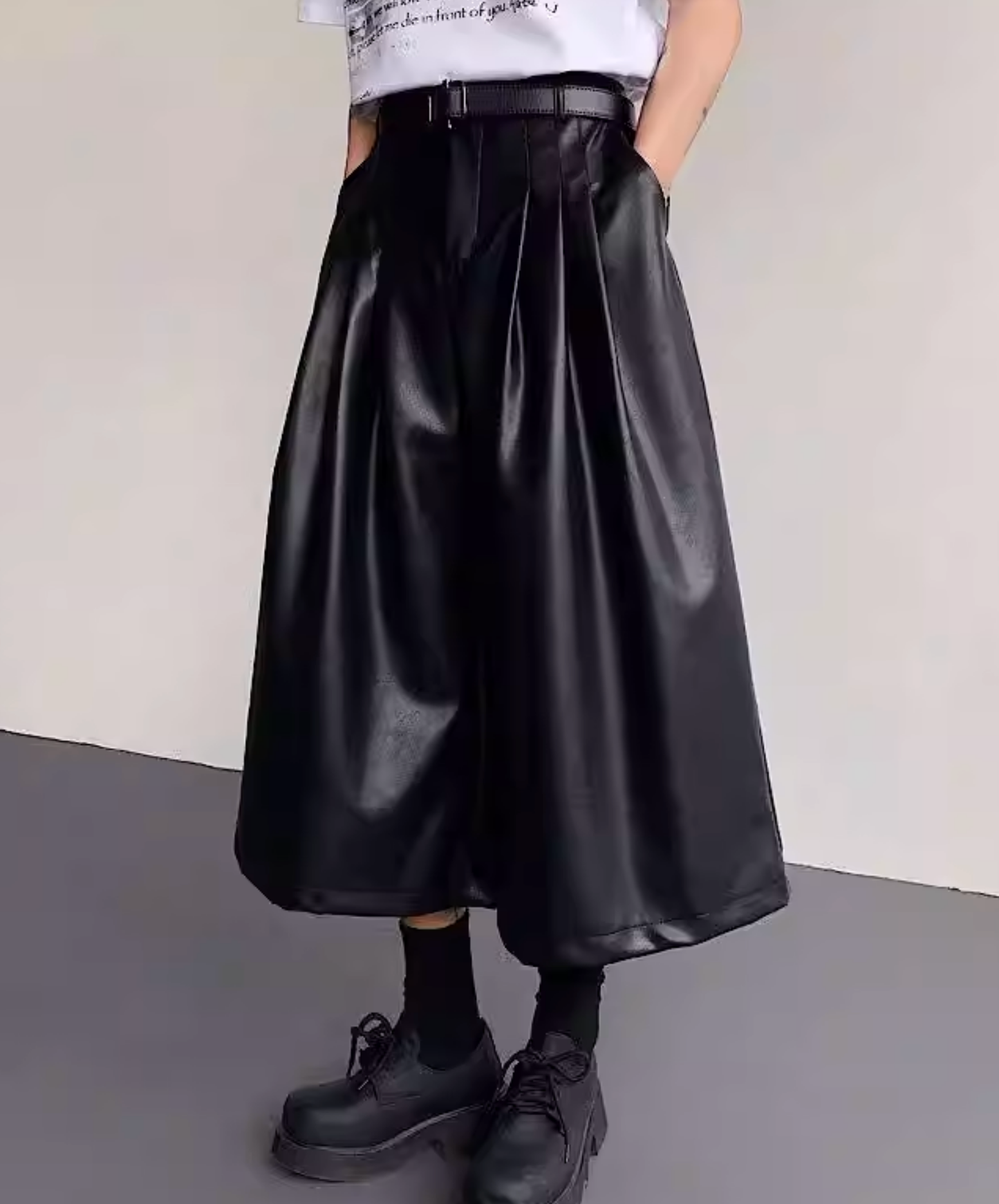 pu leather mid-length wide pants EN2835