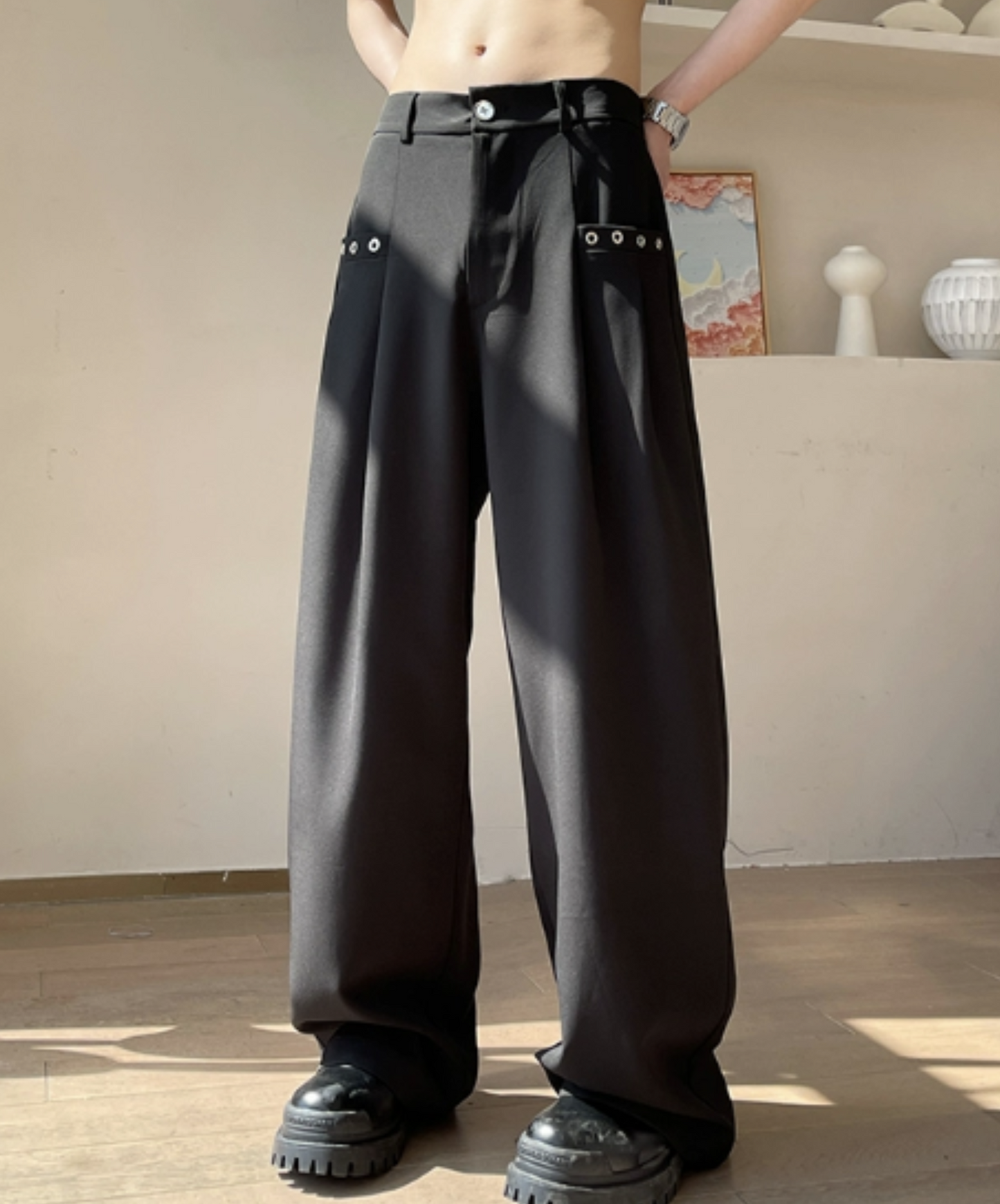 dark rivet pocket slacks pants EN1119