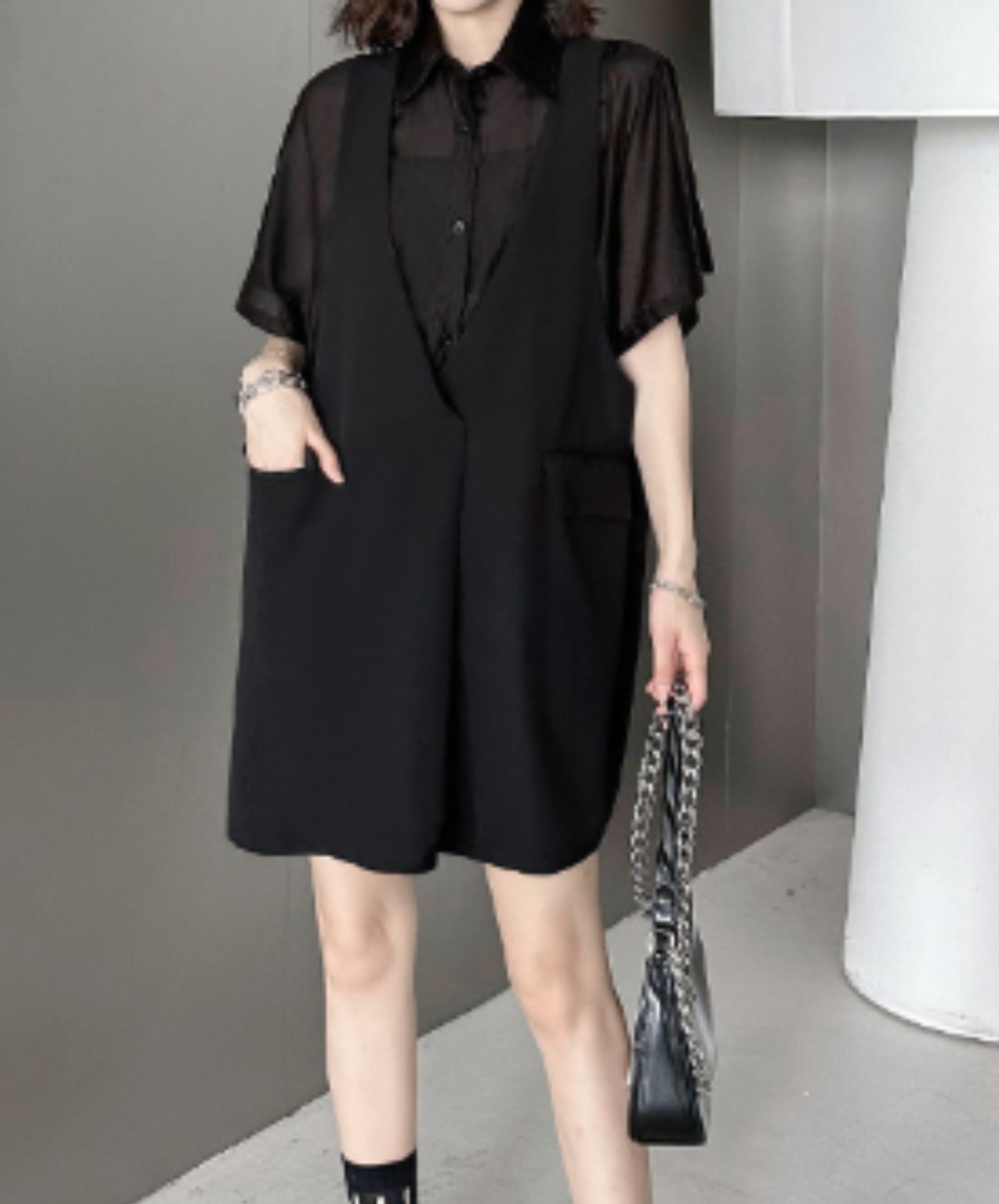 dark fake two-piece loose sheer shirt EN2977