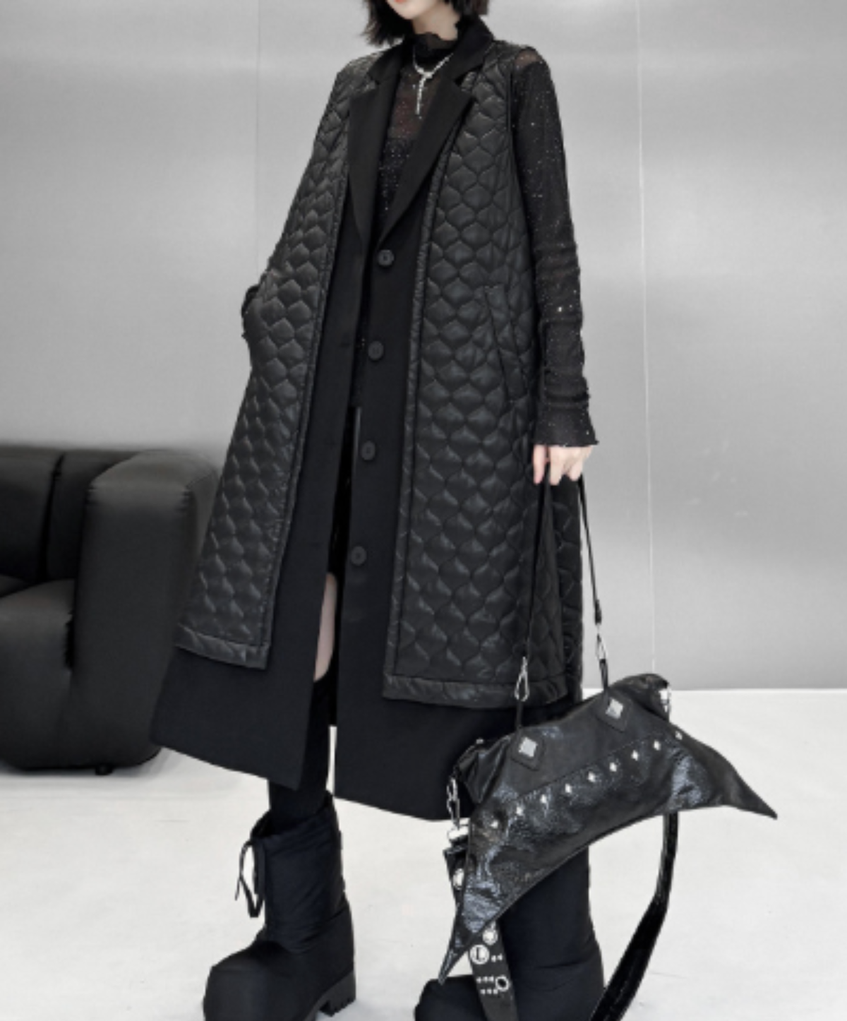 quilted-pattern lapel panel vest  EN3200