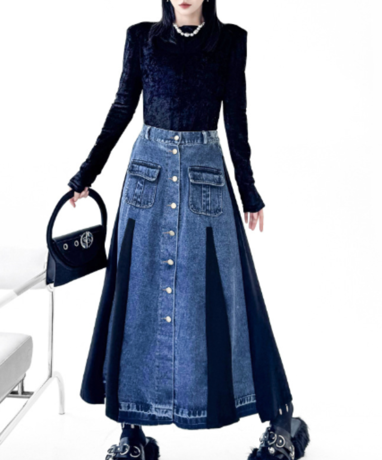 a-line denim patchwork piece skirt EN3113