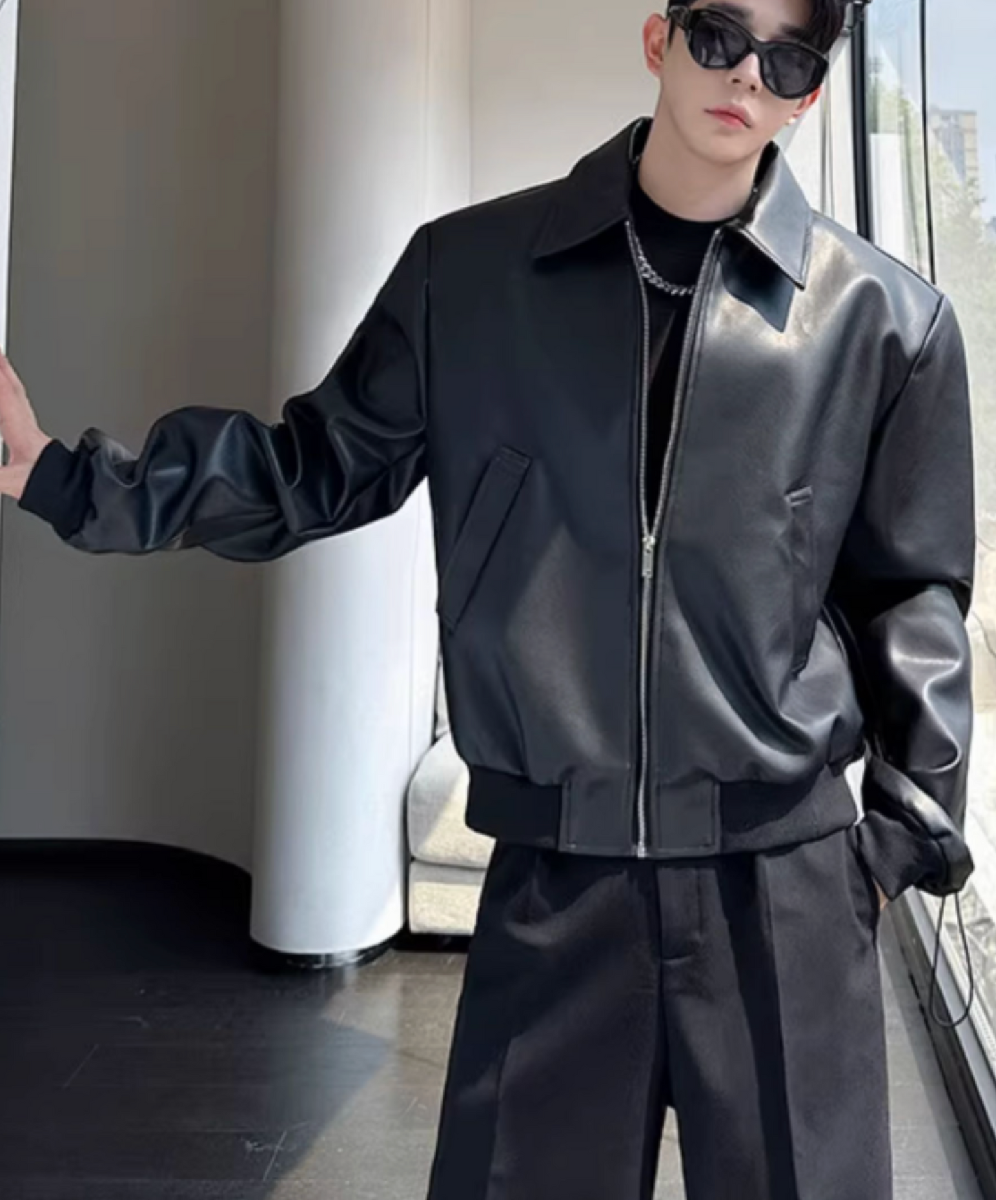 pu leather rib jacket EN2462