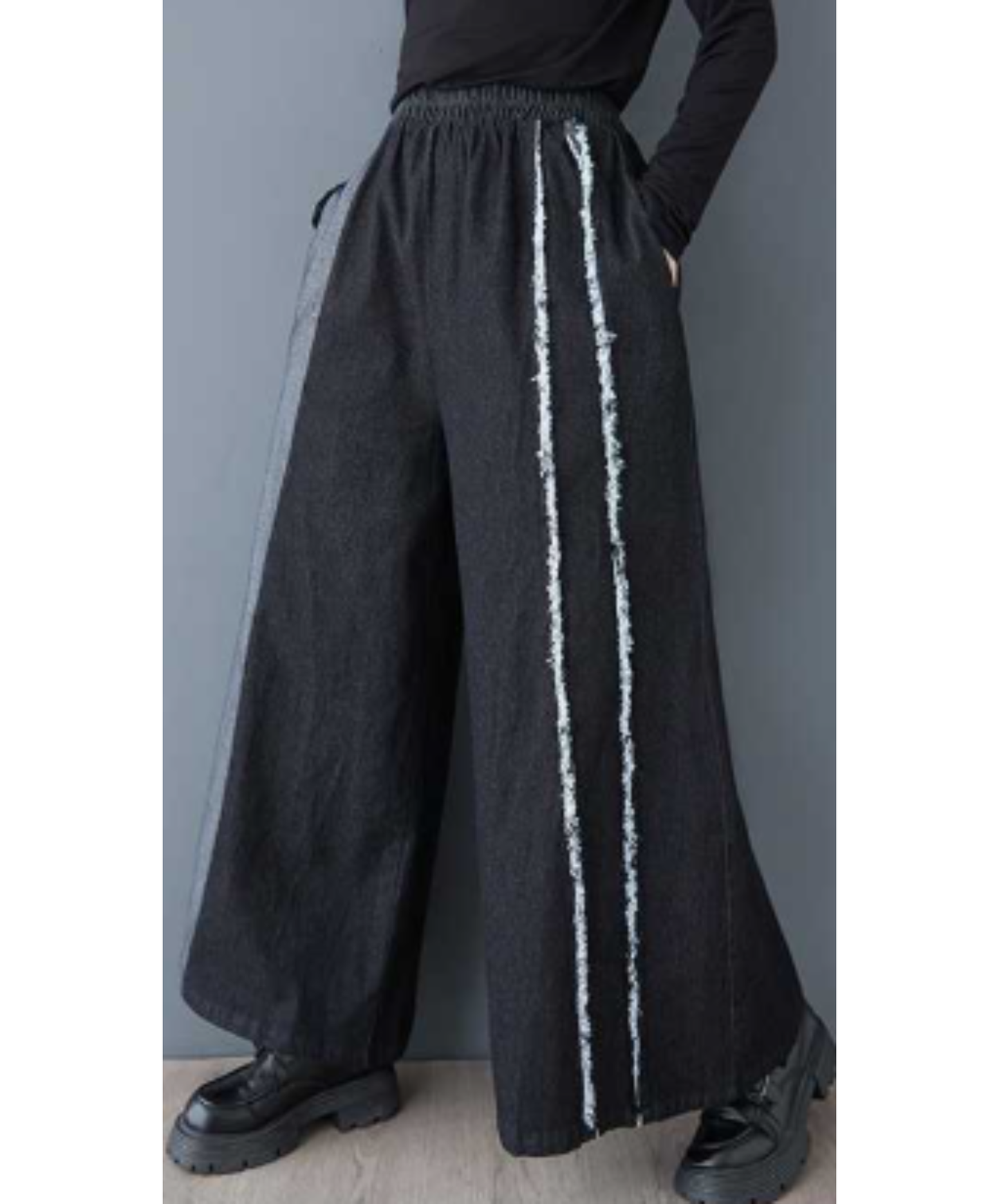 two-tone patchwork fringe wide pants EN3052