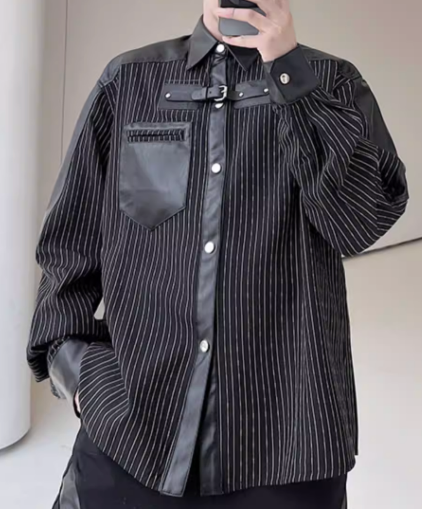 thin striped leather patchwork shirt EN2817
