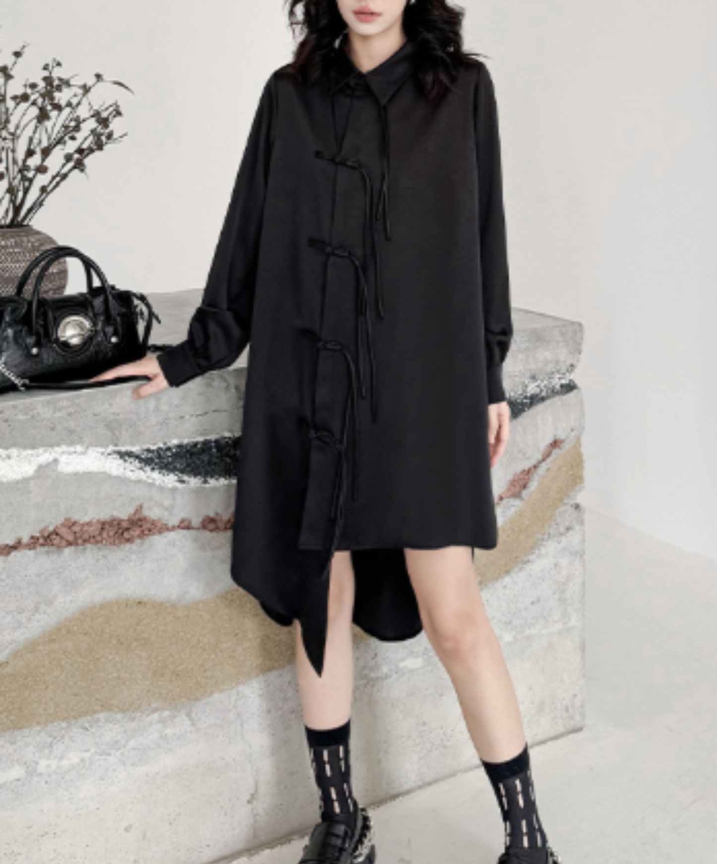 dark chinese-style irregular-cut button long shirt EN3109