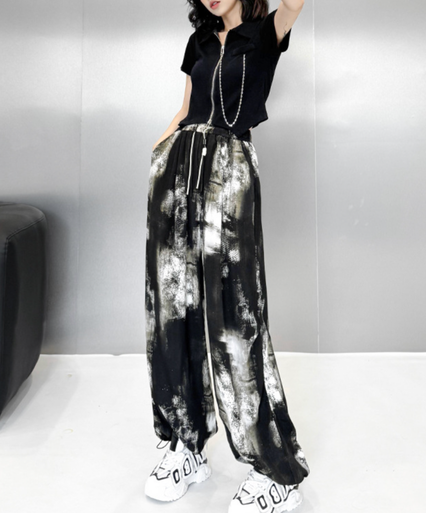 dark splicing drawstring pants EN2337