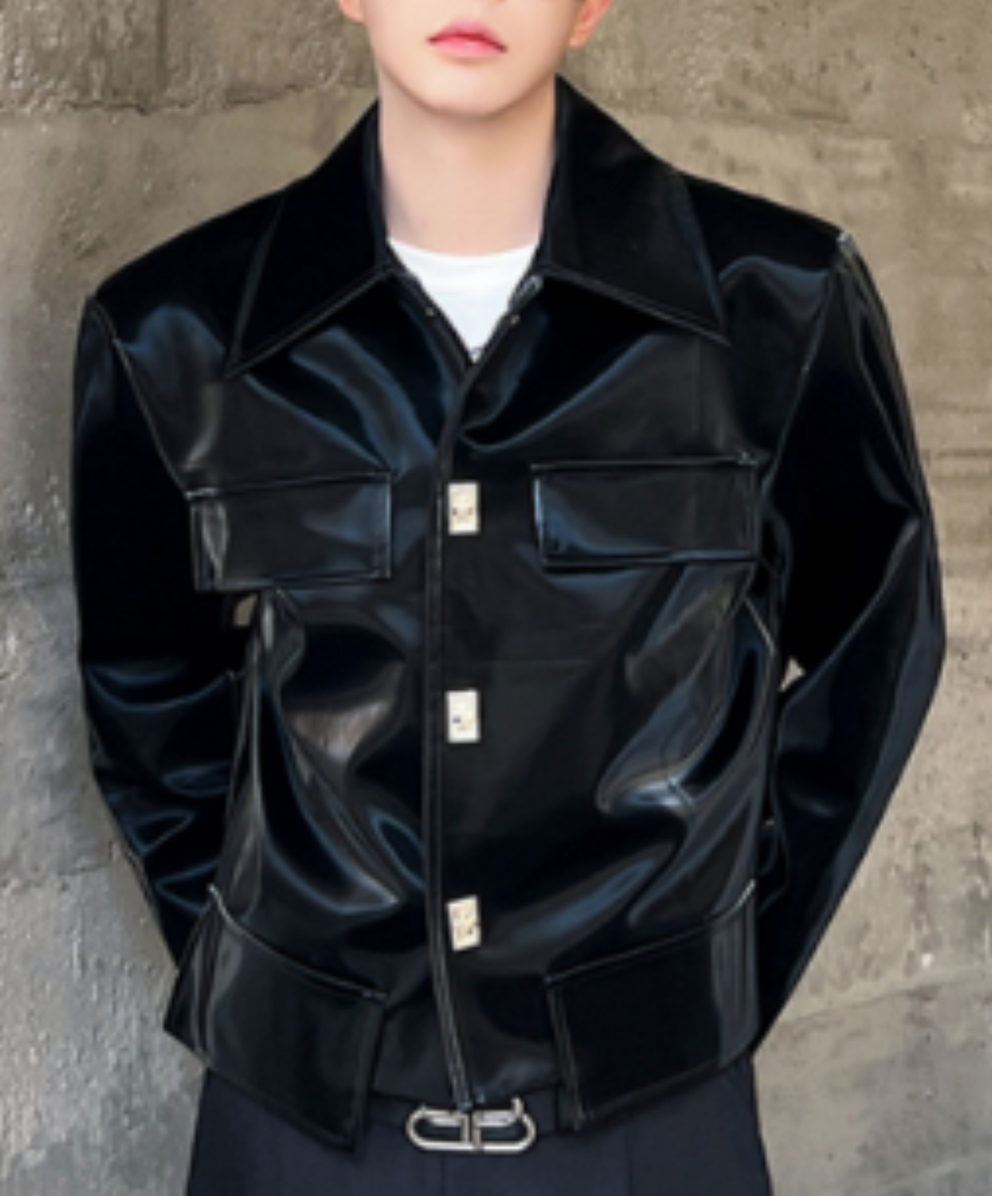 shiny loose silhouette leather jacket EN1230