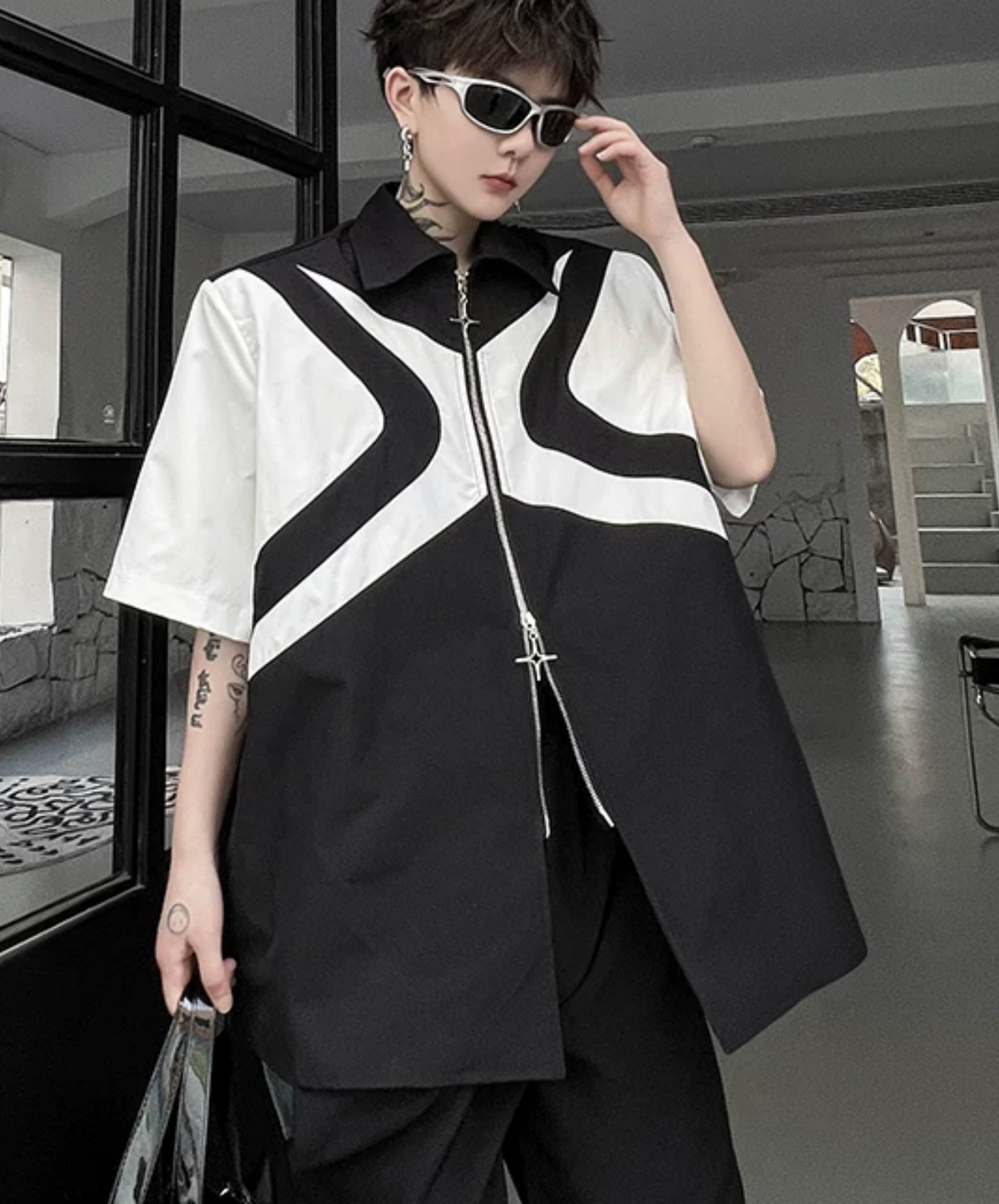 dark double zipper x design shirt EN2865