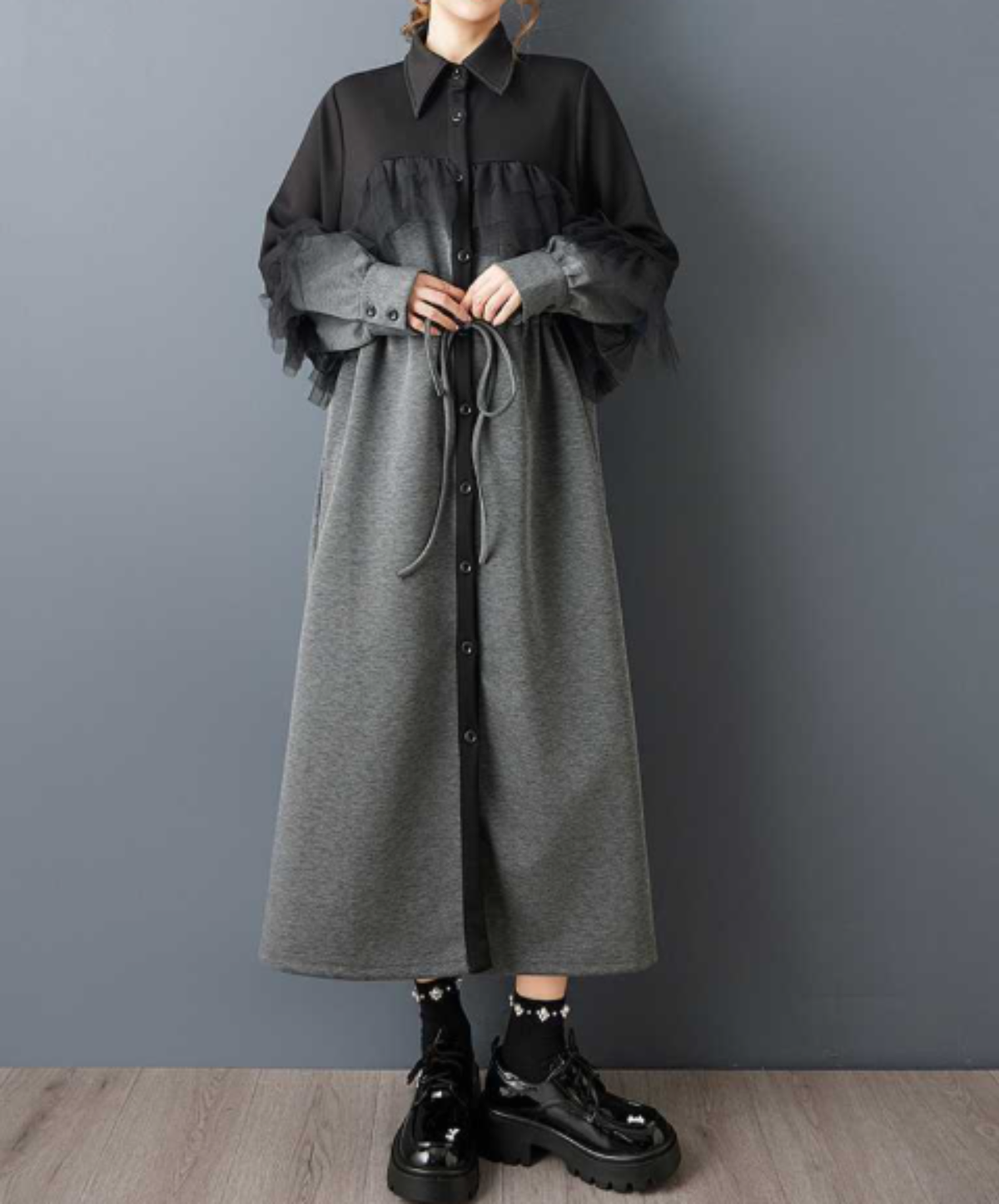 drawstring design tulle ruffle detailing long shirt EN3234