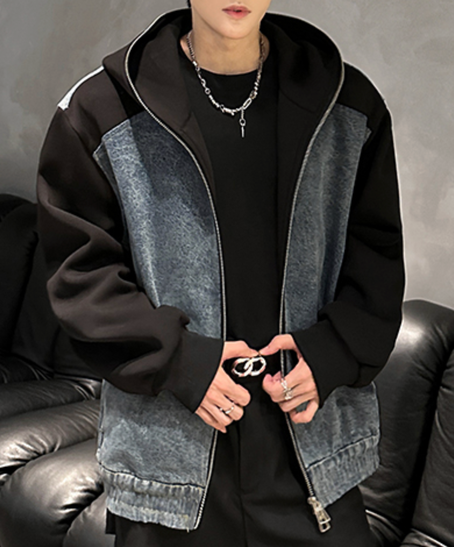 retro denim patchwork hoodie EN2476