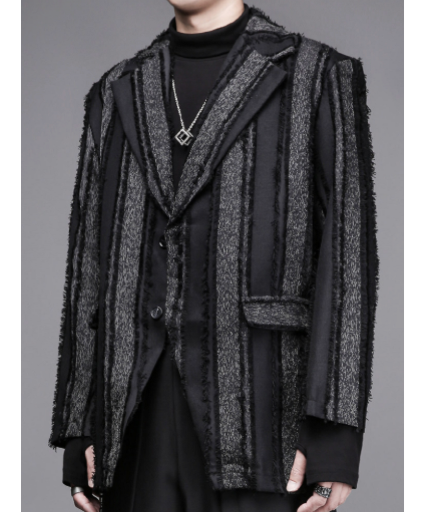 dark striped tassel trim distressed jacket EN2697