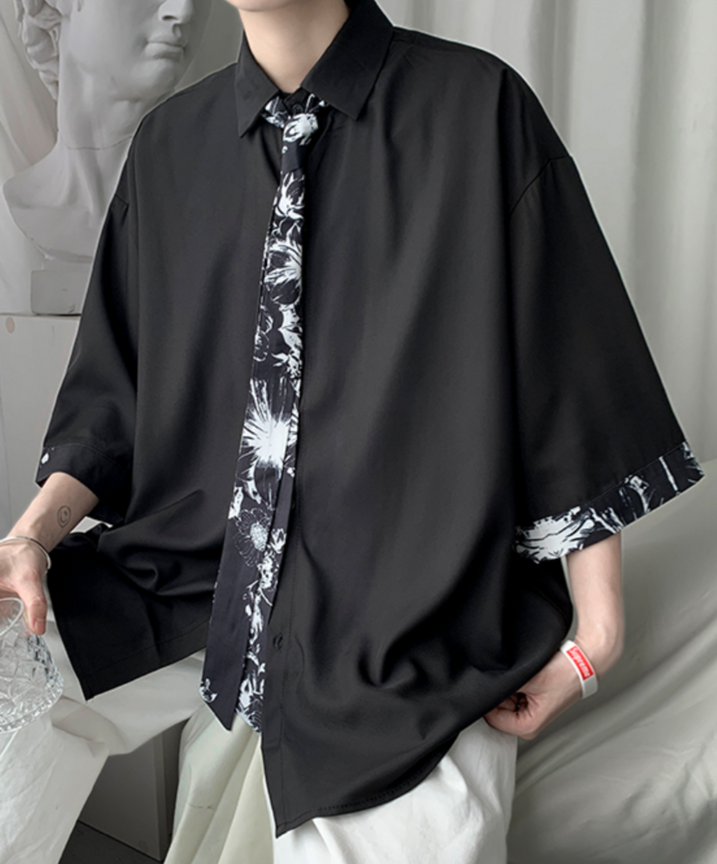 short sleeves with splash design bowtie shirt EN1636