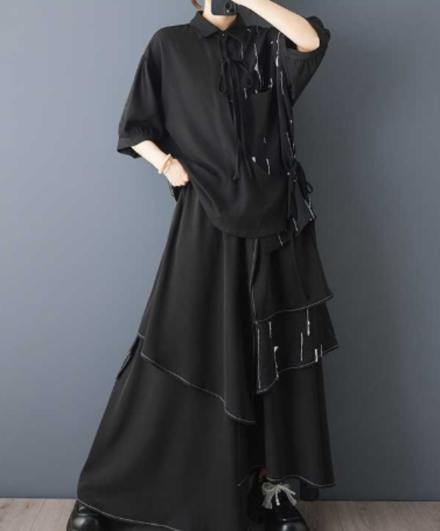 dark splicing print ribbon shirt EN3072