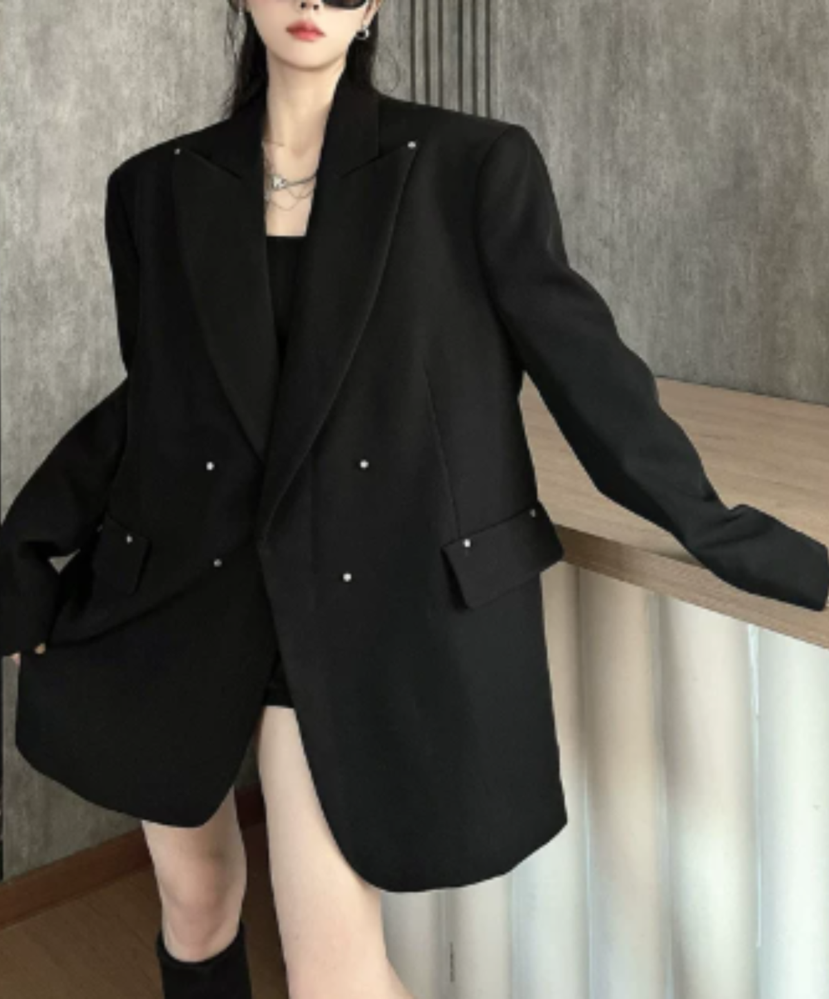 dark shaggy lapel mixed-material paneling jacket EN3190