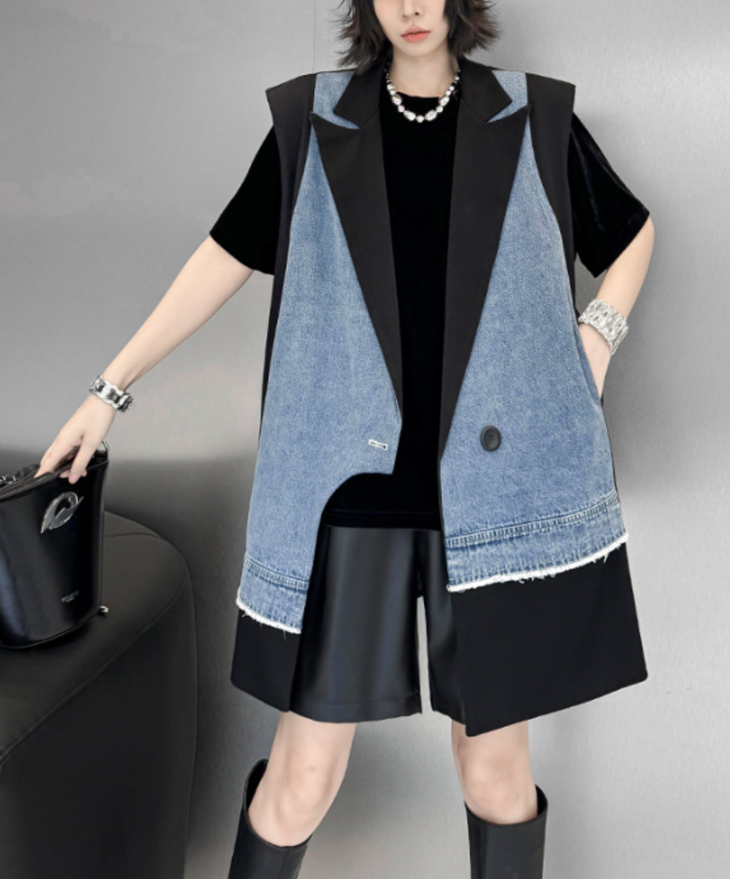 denim patchwork asymmetric vest EN2893