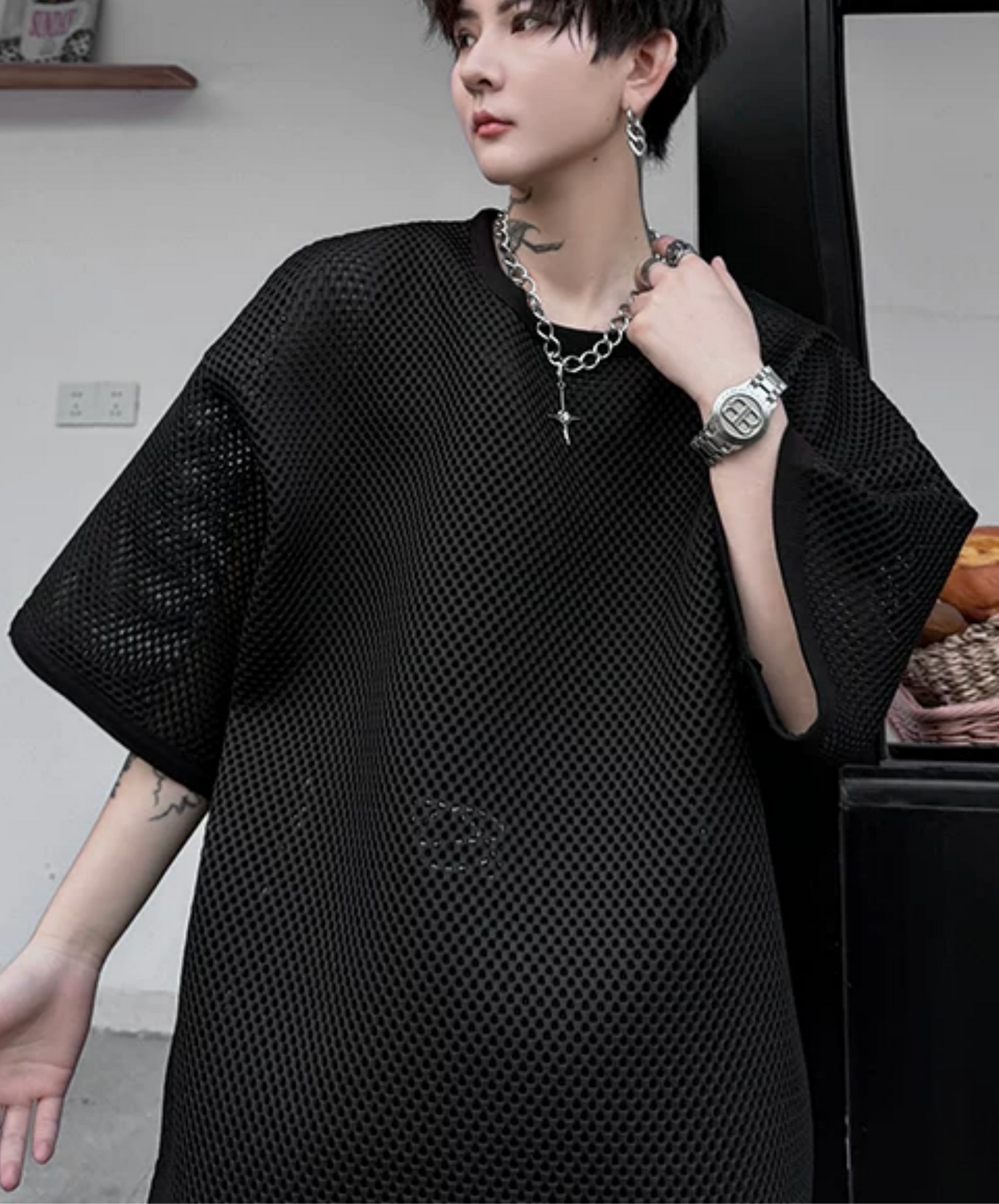 round mesh oversized t-shirt EN2862