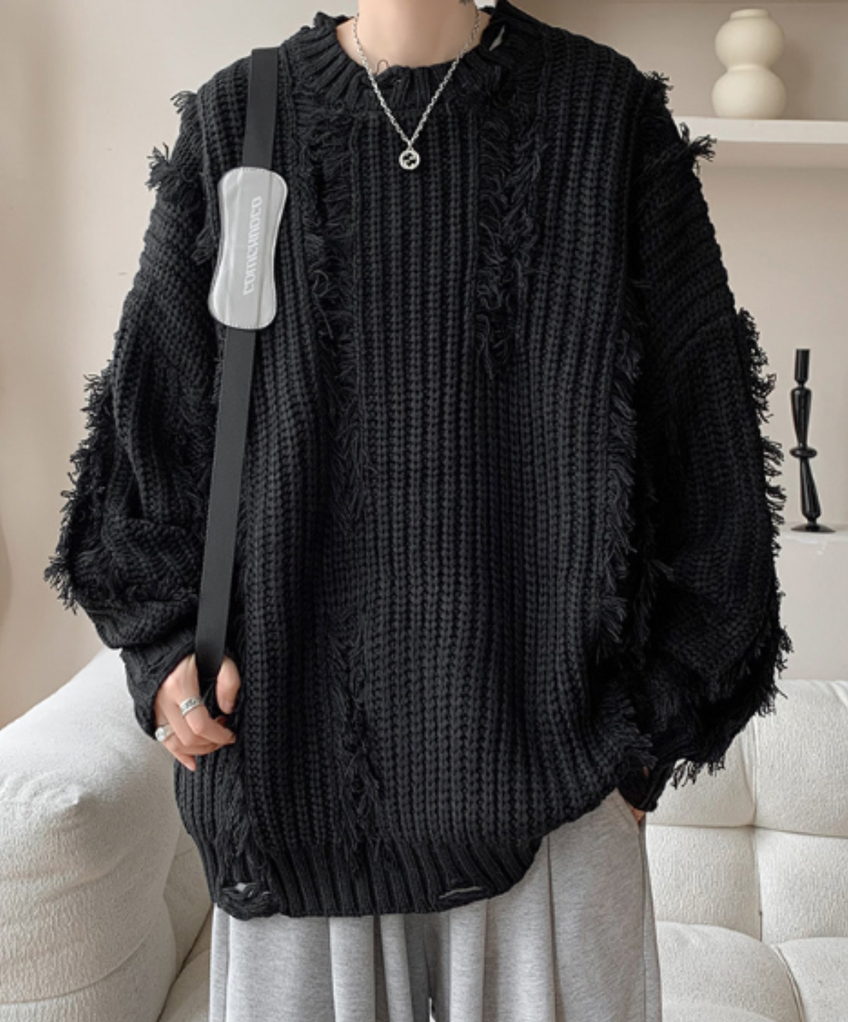 dark fringe-detail distressed finish sweater EN3177