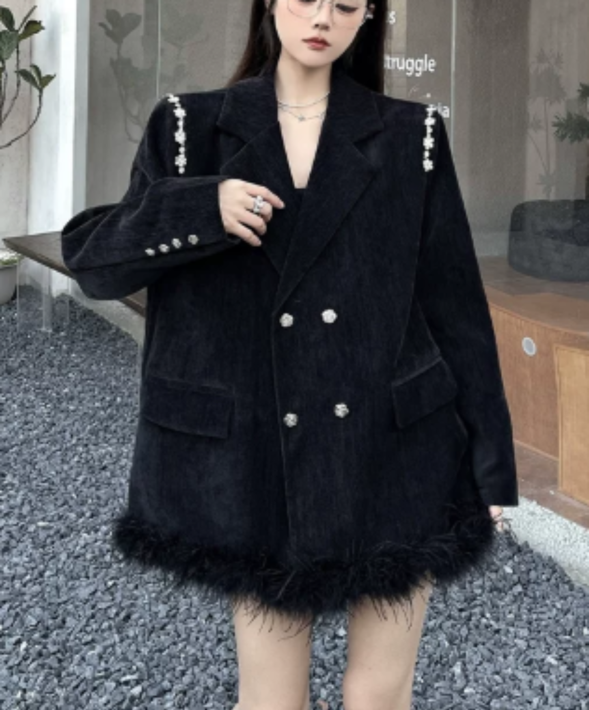 dark fur hem with floral lace embellishment jacket EN3191