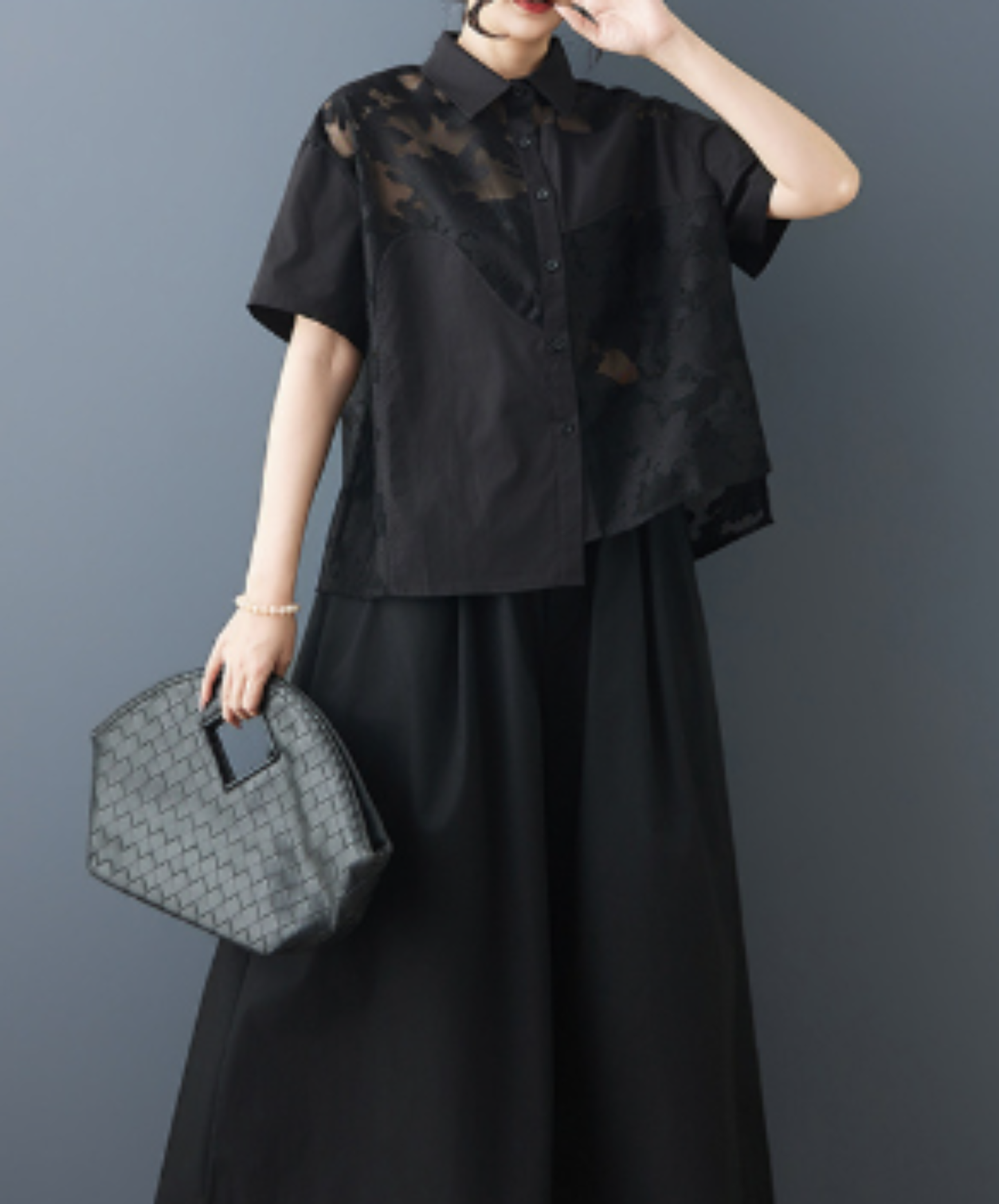 openwork patchwork sheer shirt EN2978