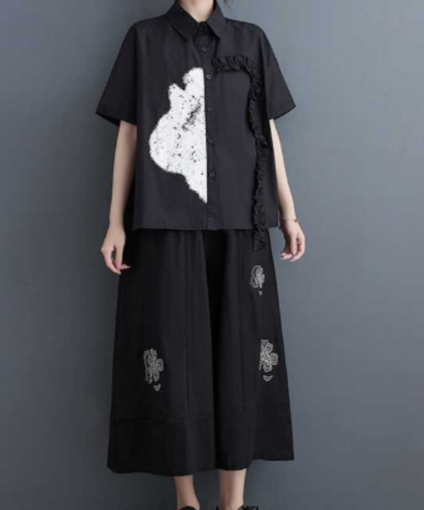 frill and ribbon splicing print shirt EN3080