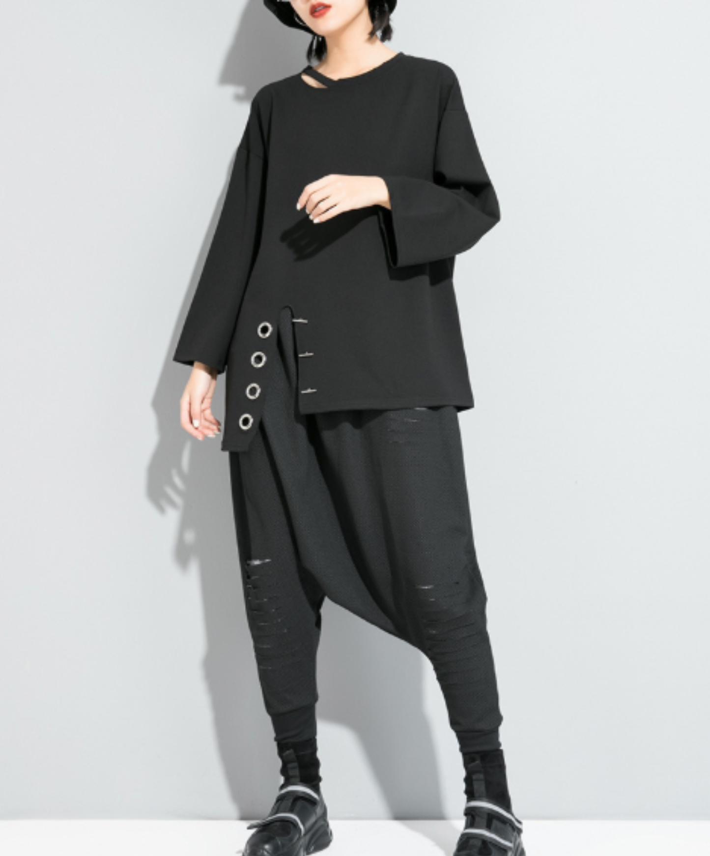 dark asymmetric neckline design t-shirt EN3099